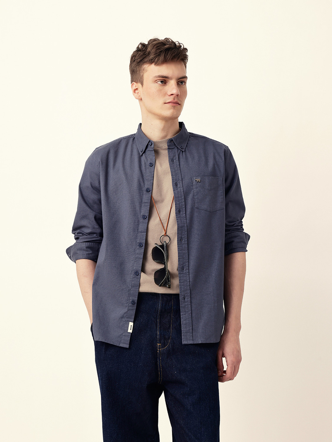Image of THE BEAR HOUSE Men Solid Casual Blue Shirt