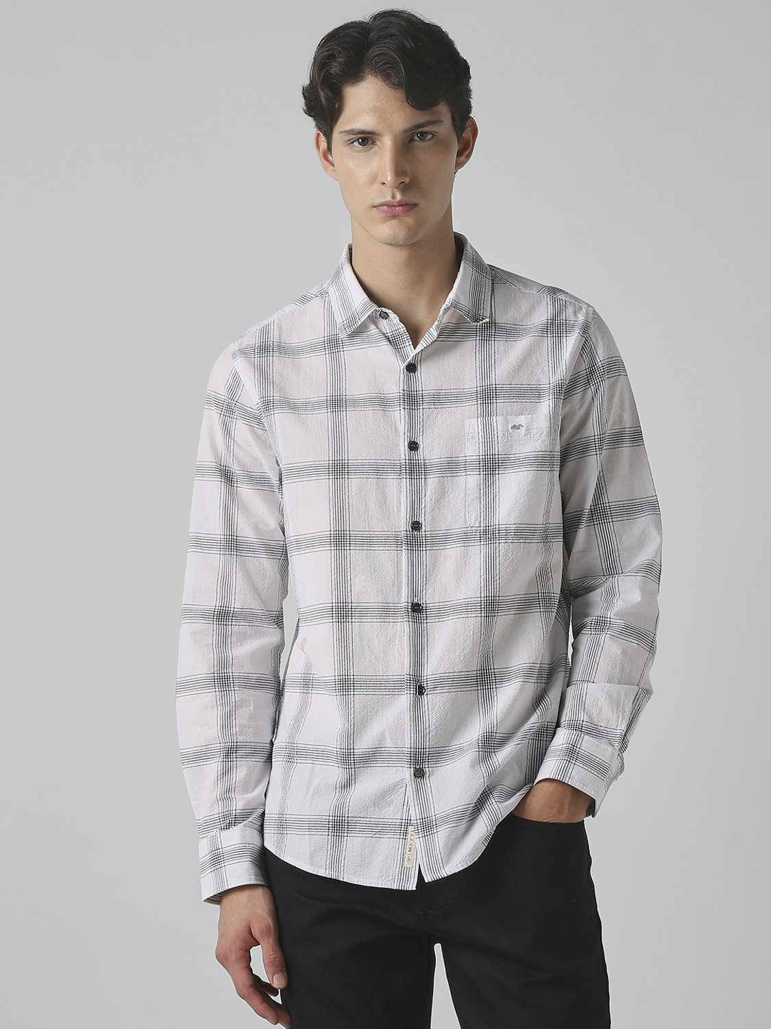 Image of MUFTI Men Checkered Casual Grey Shirt