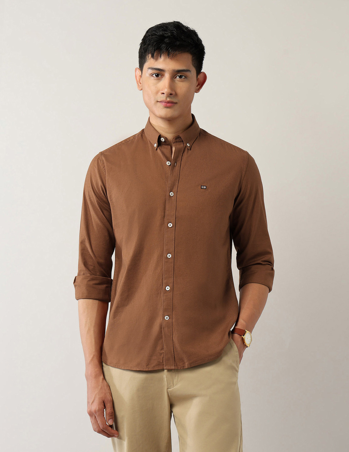 Image of Arrow Sport Men Solid Casual Brown Shirt
