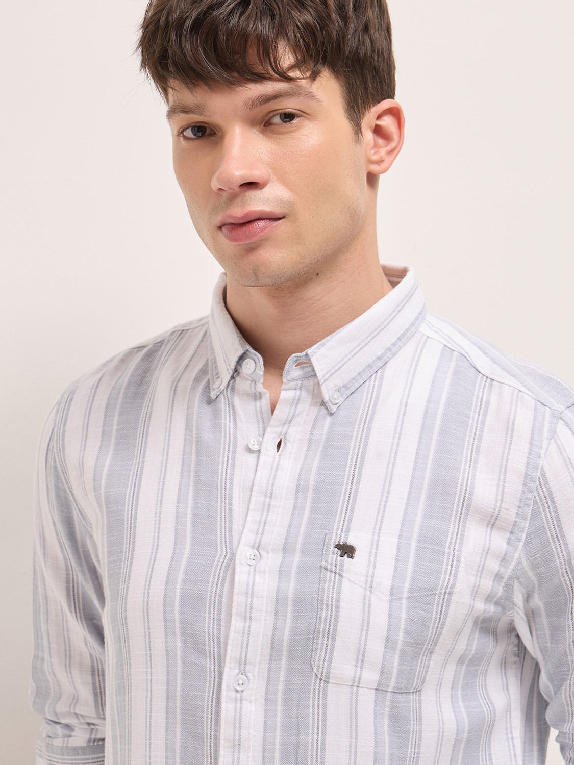 Image of THE BEAR HOUSE Men Striped Casual White Shirt