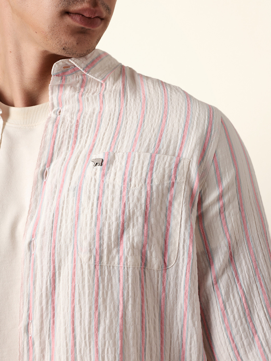 Image of THE BEAR HOUSE Men Striped Casual Pink Shirt