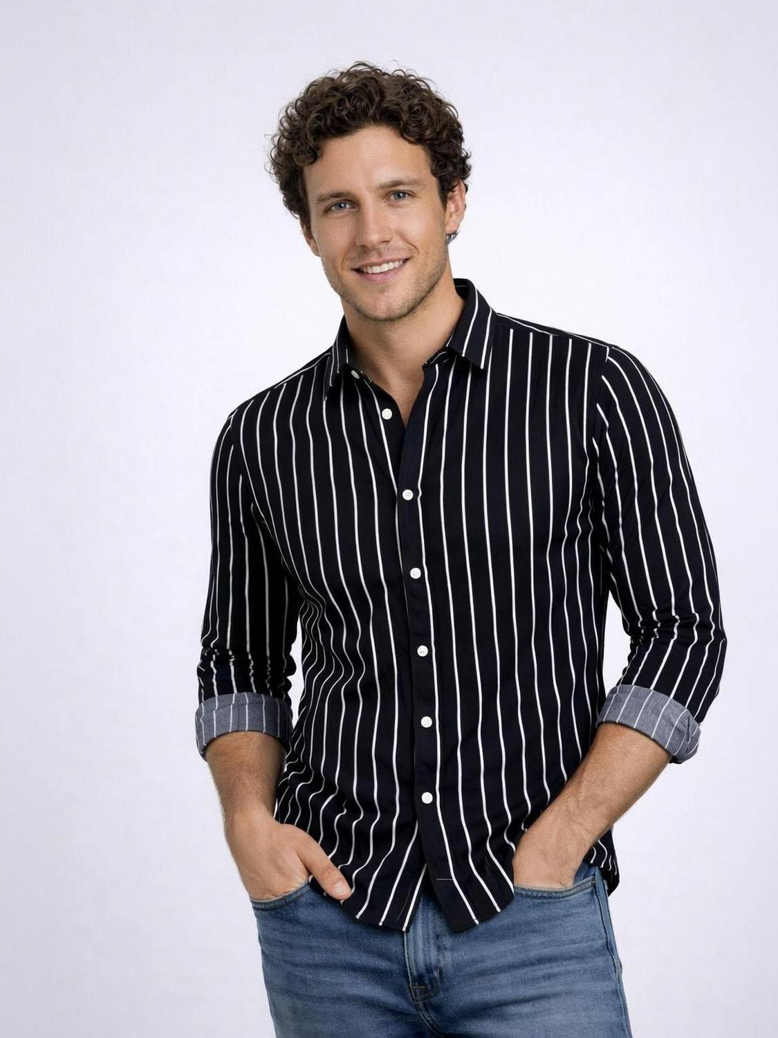 CAMBREEN Men Striped Casual Black Shirt