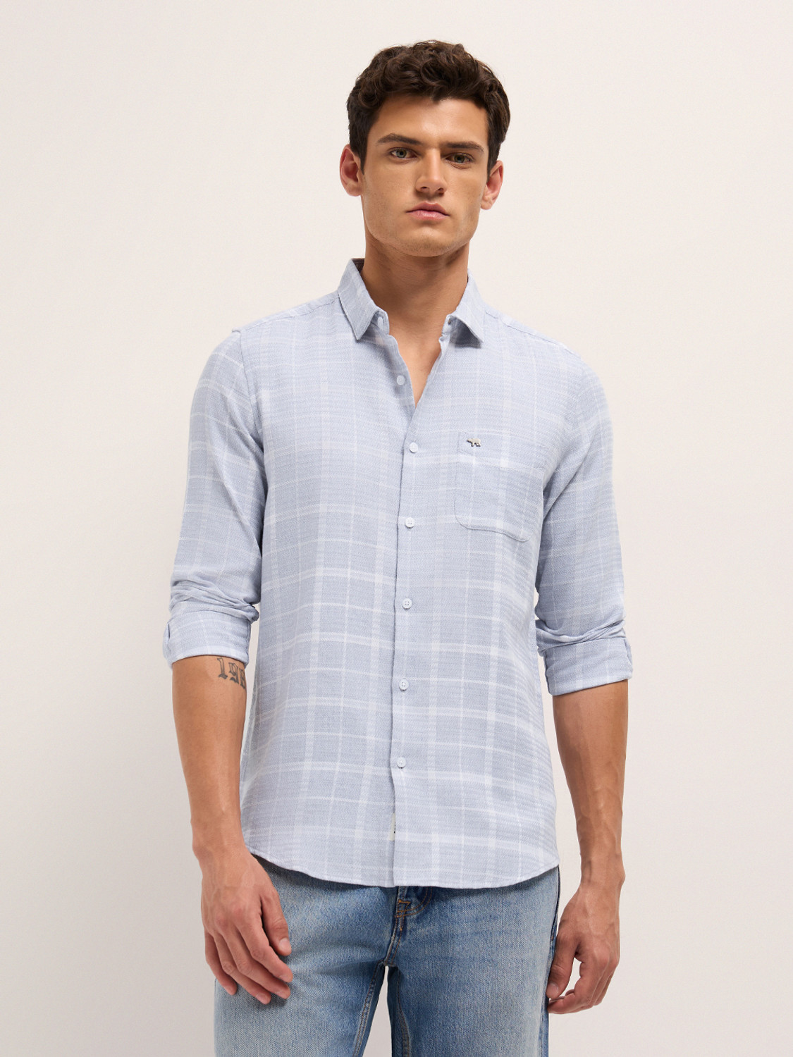 Image of THE BEAR HOUSE Men Checkered Casual Blue Shirt