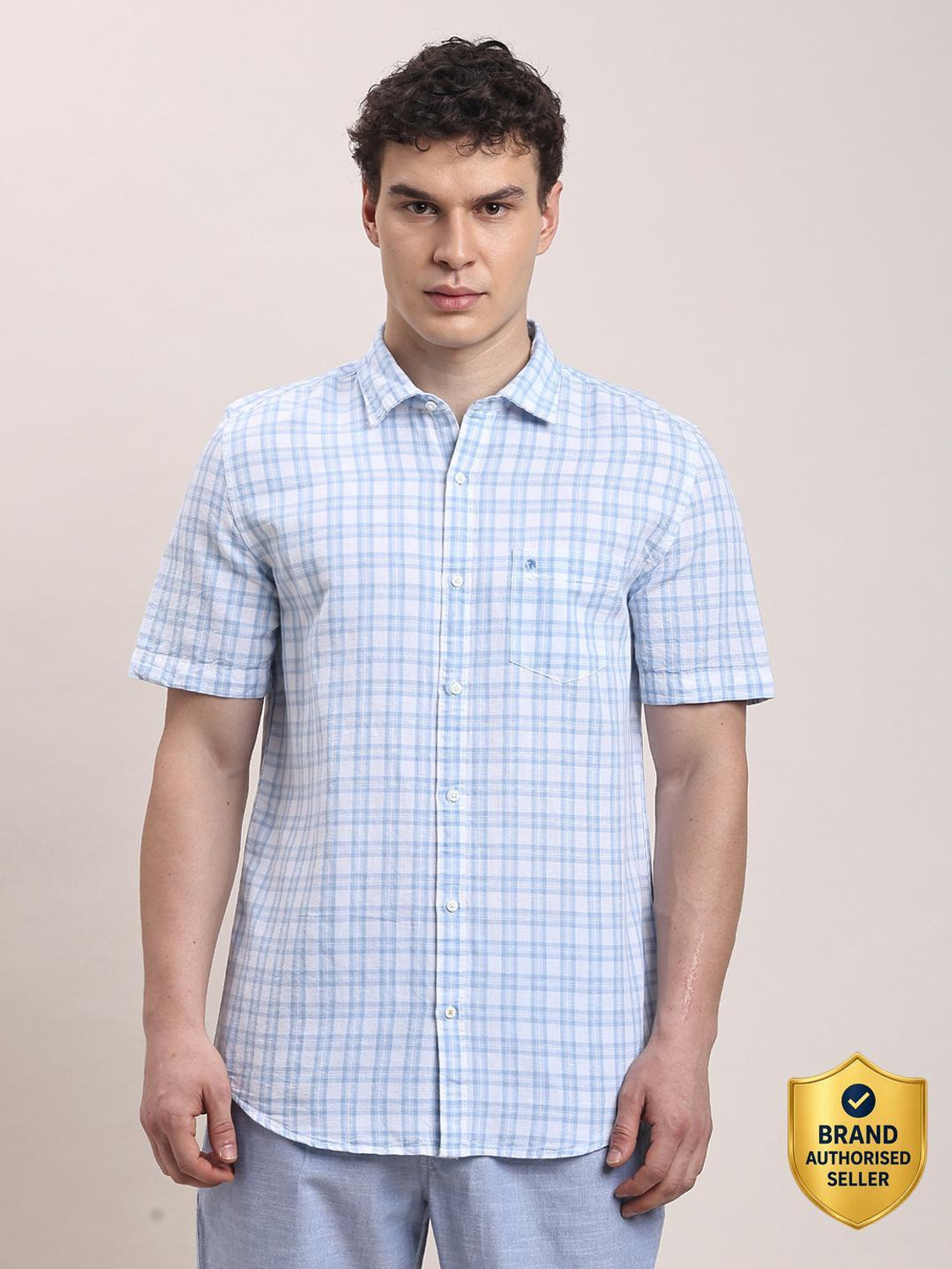 Image of TURTLE Men Checkered Casual Light Blue Shirt