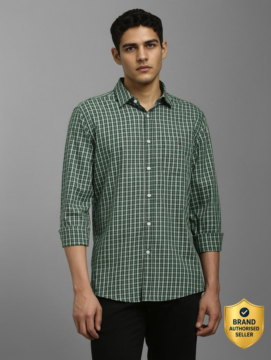 Image of LOUIS PHILIPPE Men Checkered Casual Green Shirt