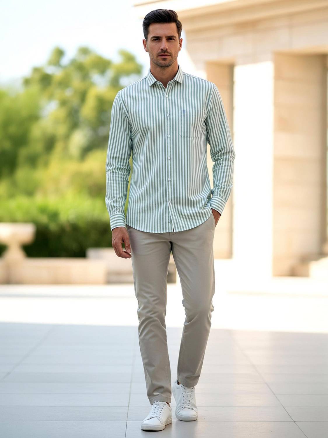 AATWANIS Men Striped Casual Light Green, White Shirt