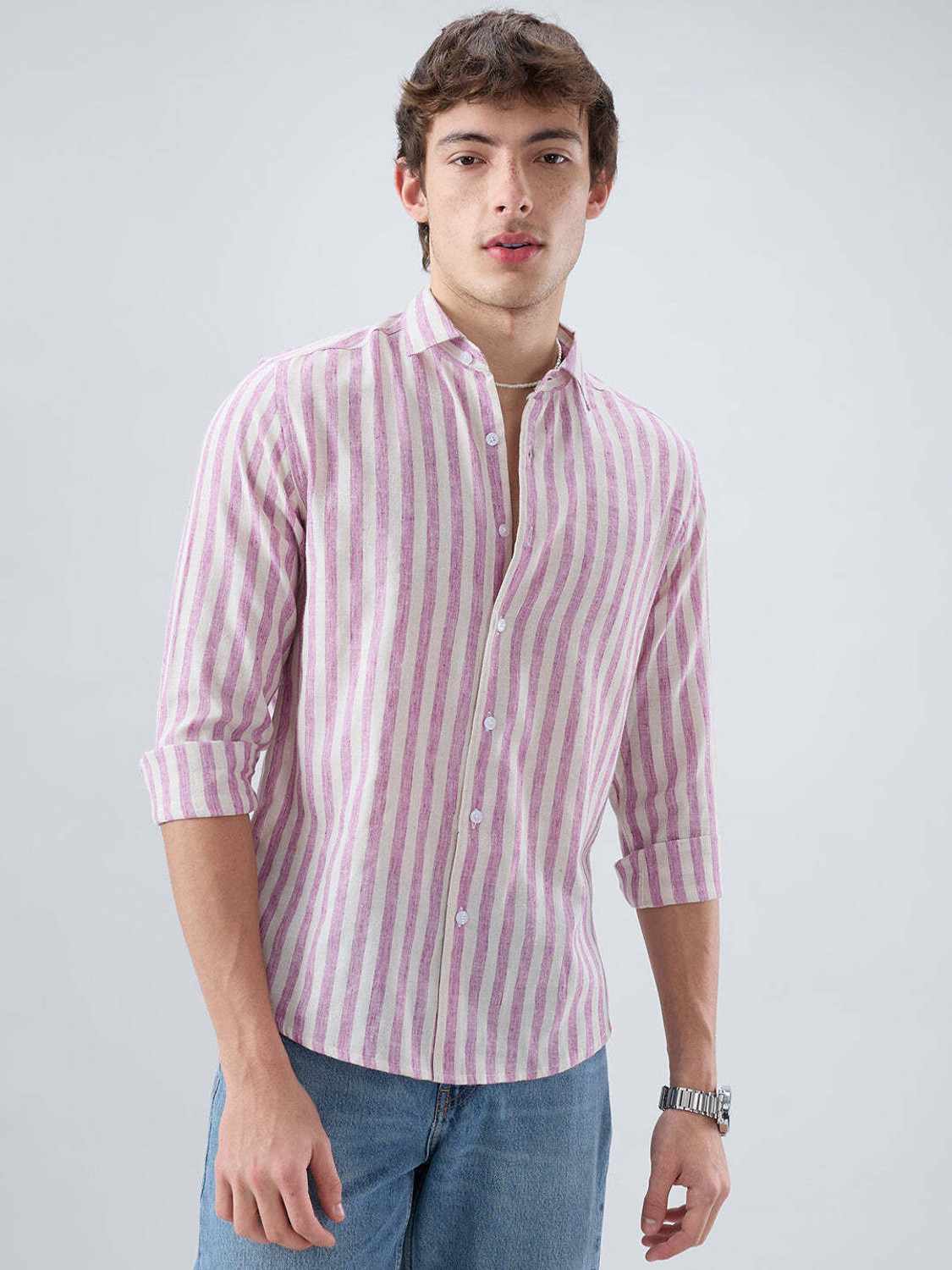 Image of VASTRADO Men Striped Casual Pink Shirt