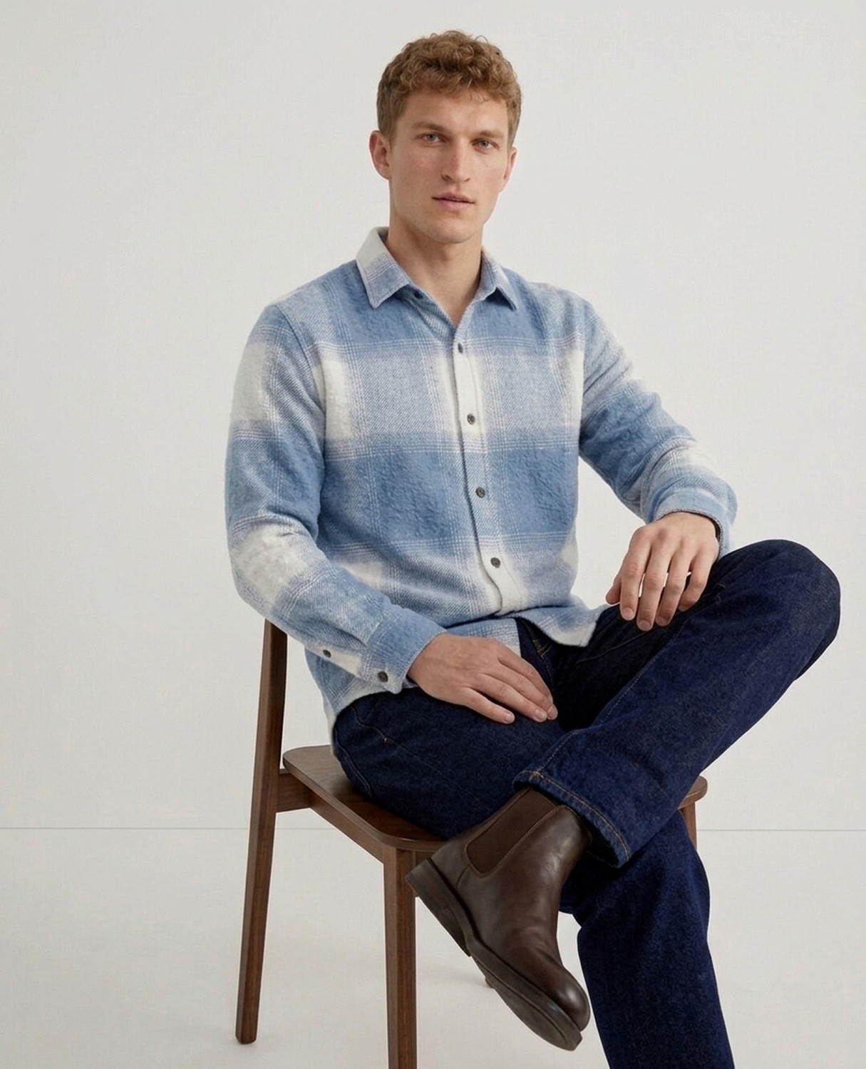 Image of DIMMY Men Checkered Casual Light Blue Shirt