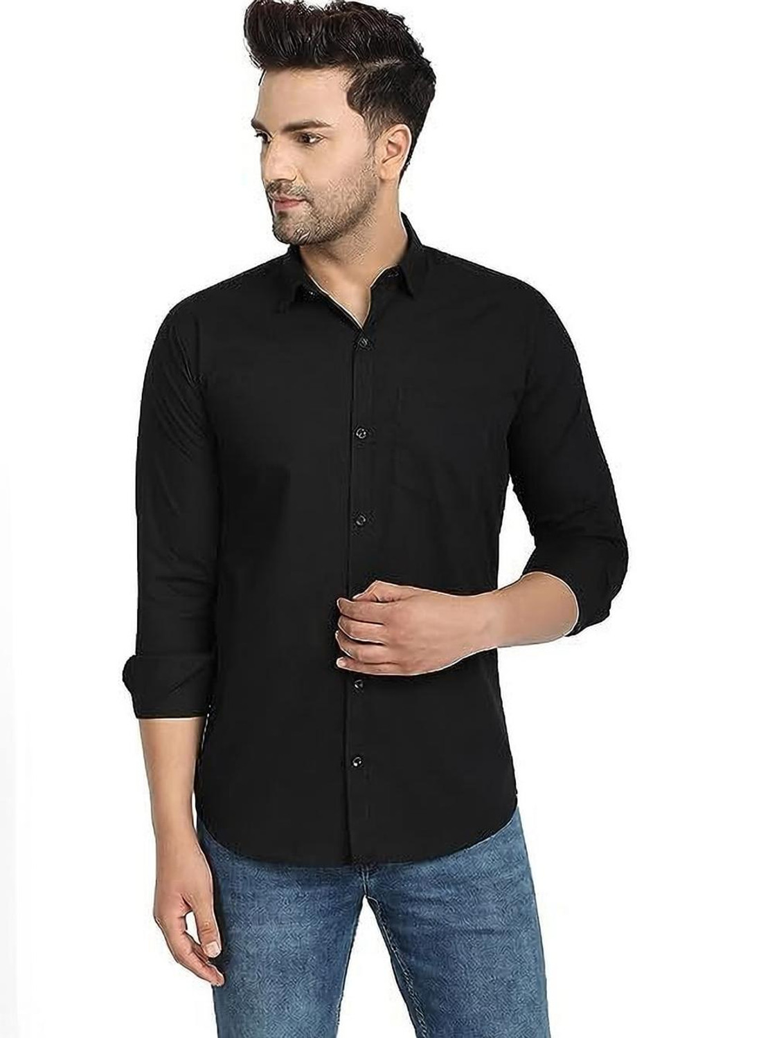 Image of MSSHEET Men Solid Casual Black Shirt