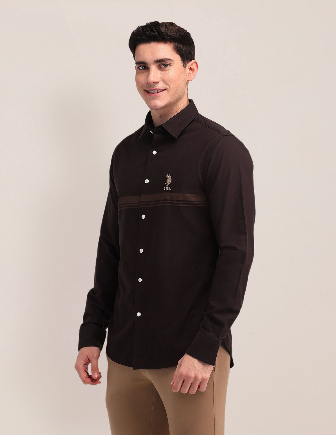 Image of U.S. POLO ASSN. Men Striped Casual Brown Shirt