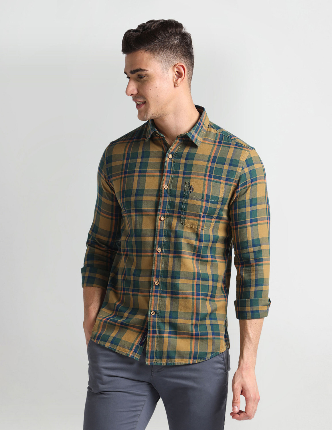 Image of U.S. Polo Assn. Denim Co. Men Checkered Casual Gold Shirt
