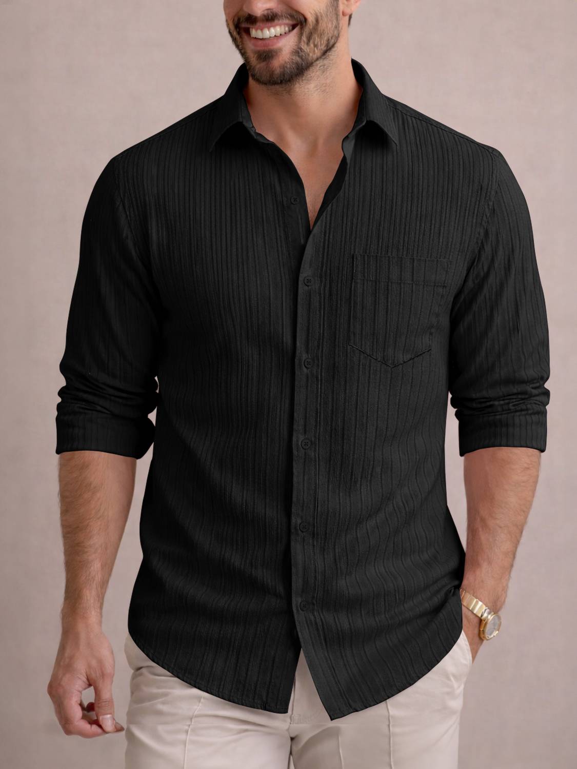 EyeBogler Men Self Design Casual Black Shirt
