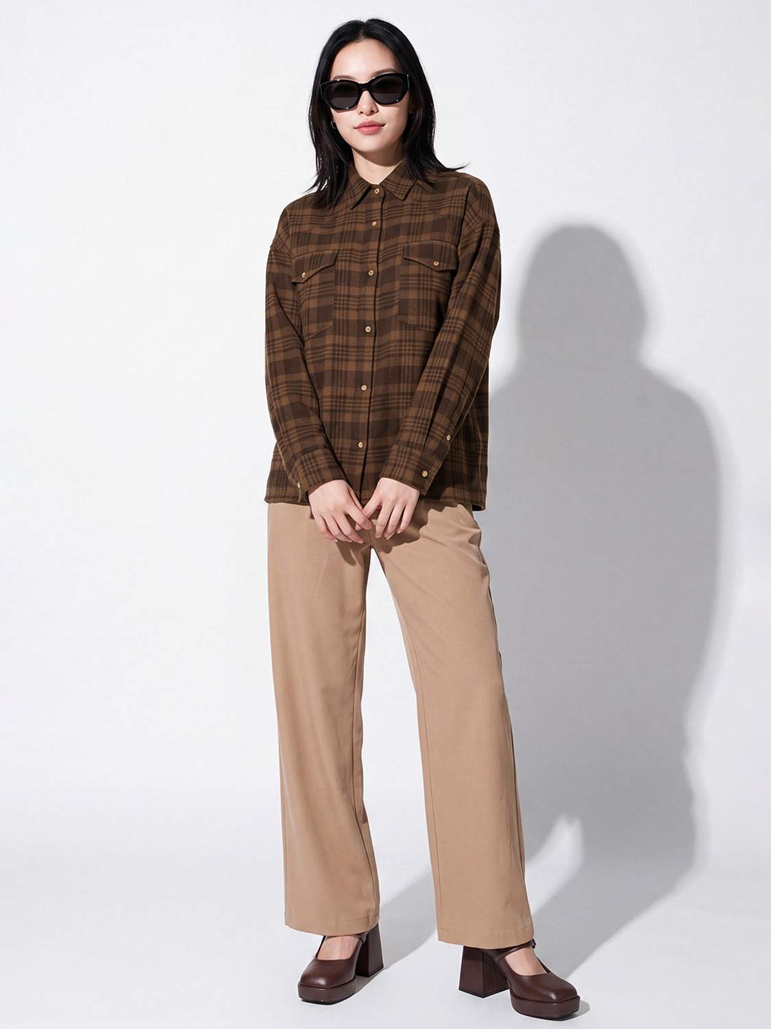 Image of MAX Women Checkered Casual Brown Shirt