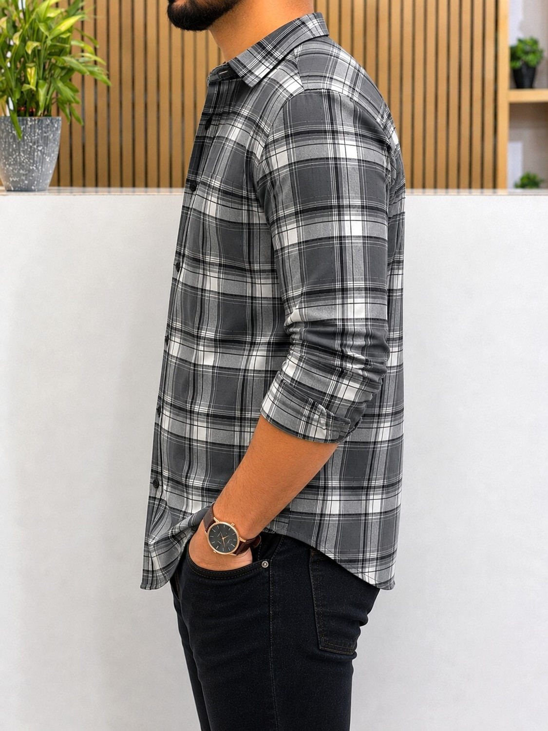 Image of Myethics Men Checkered Casual Grey Shirt