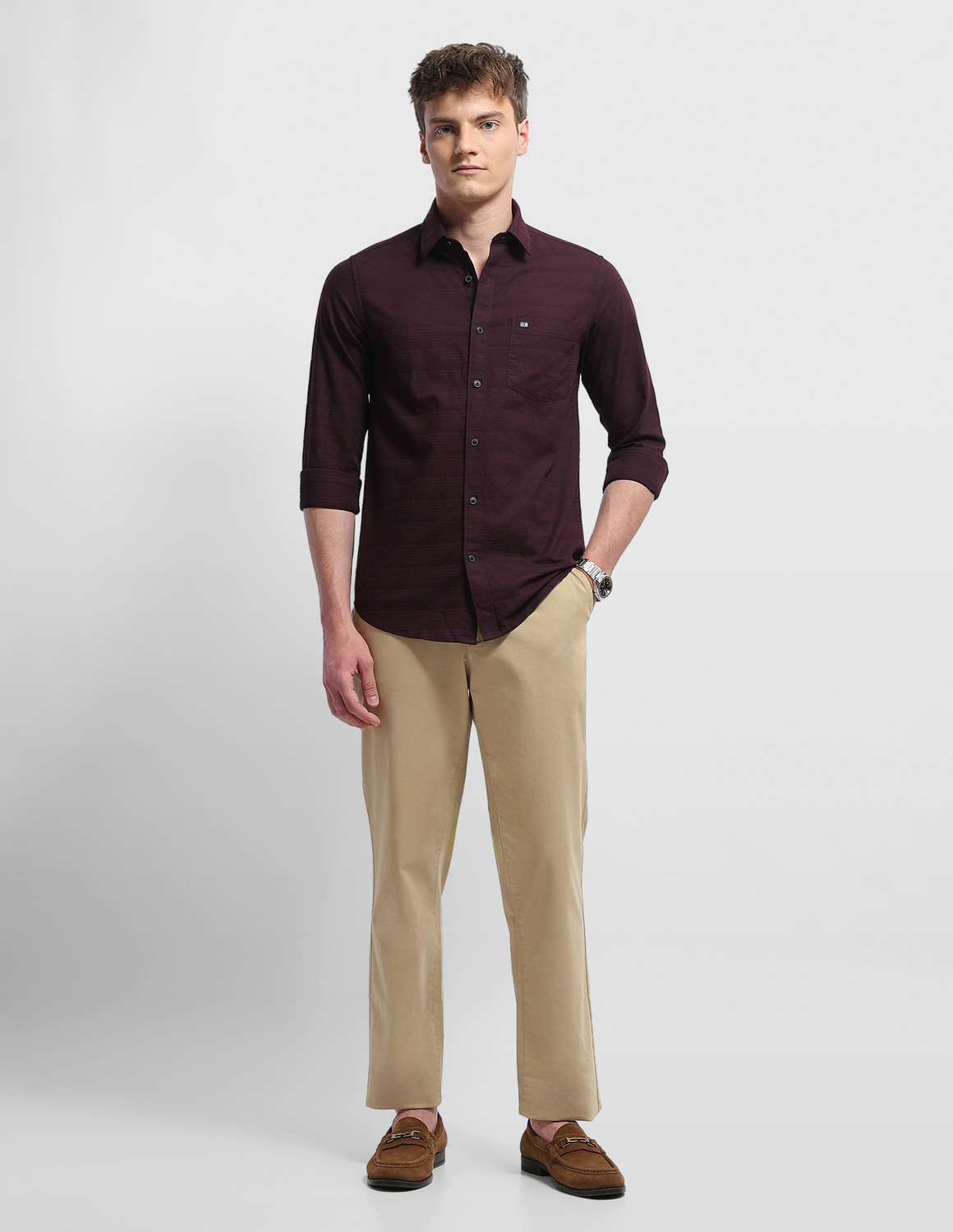 Image of Arrow Sport Men Striped Casual Maroon Shirt
