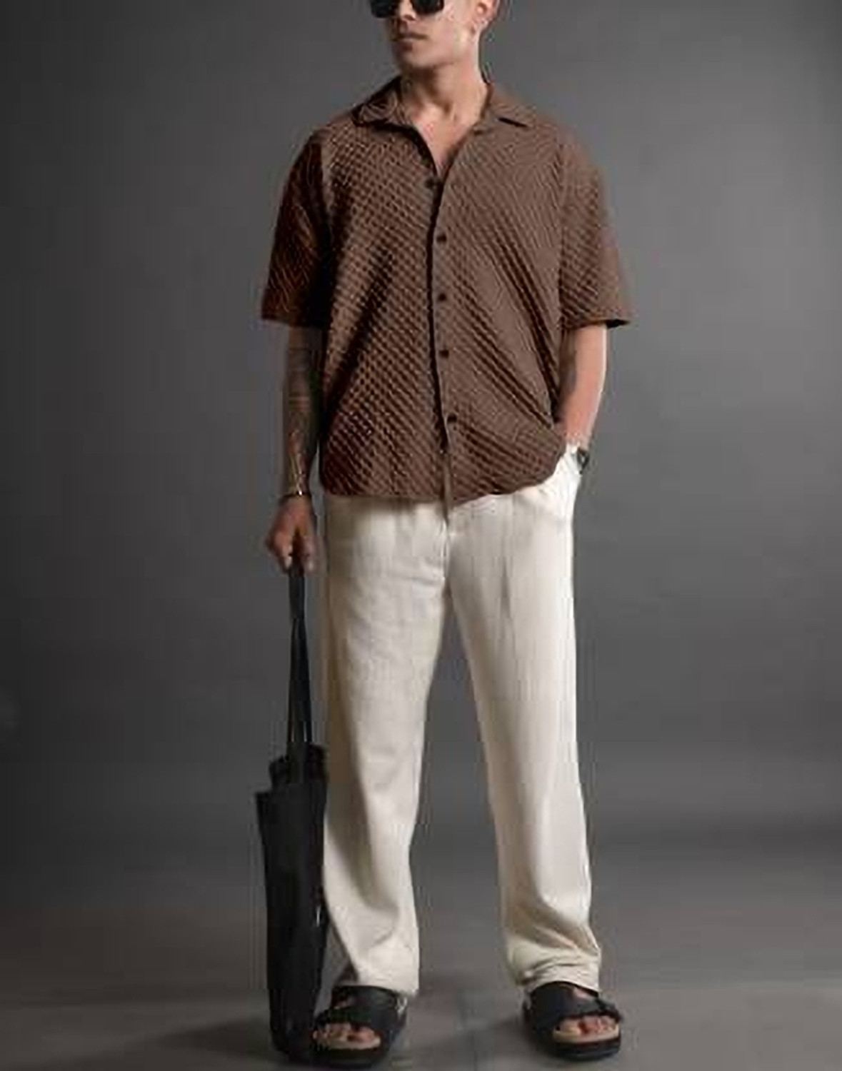 Image of Voroxy Men Self Design Casual Brown Shirt