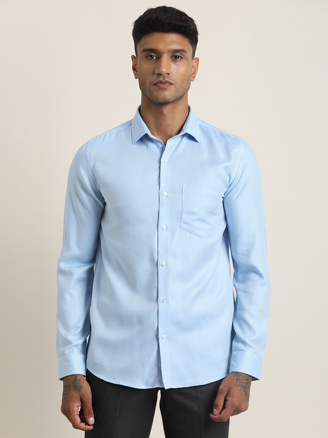 Image of TURTLE Men Solid Formal Light Blue Shirt