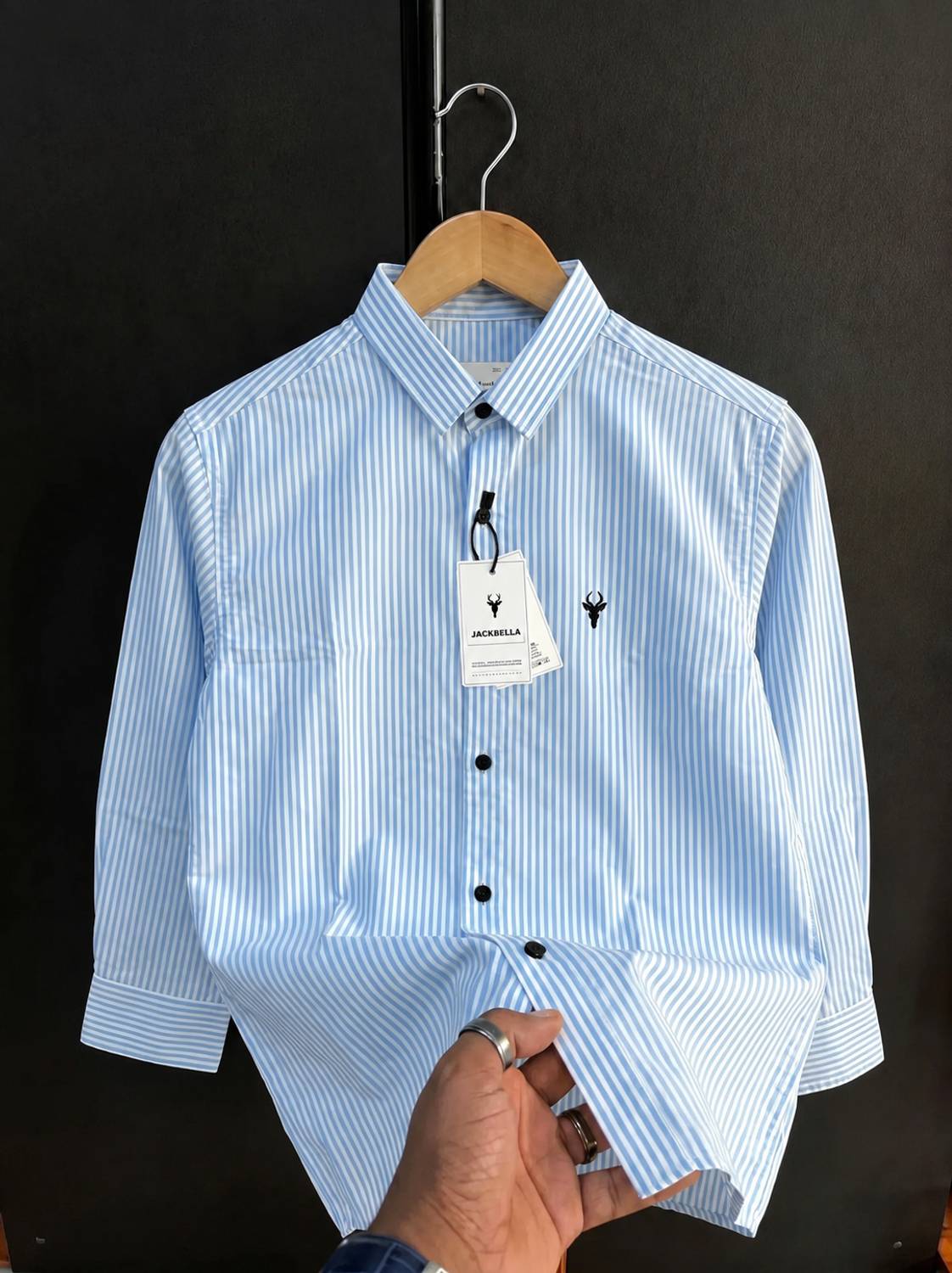 JACKBELLA Men Striped Light Blue, White Shirt - Image 1