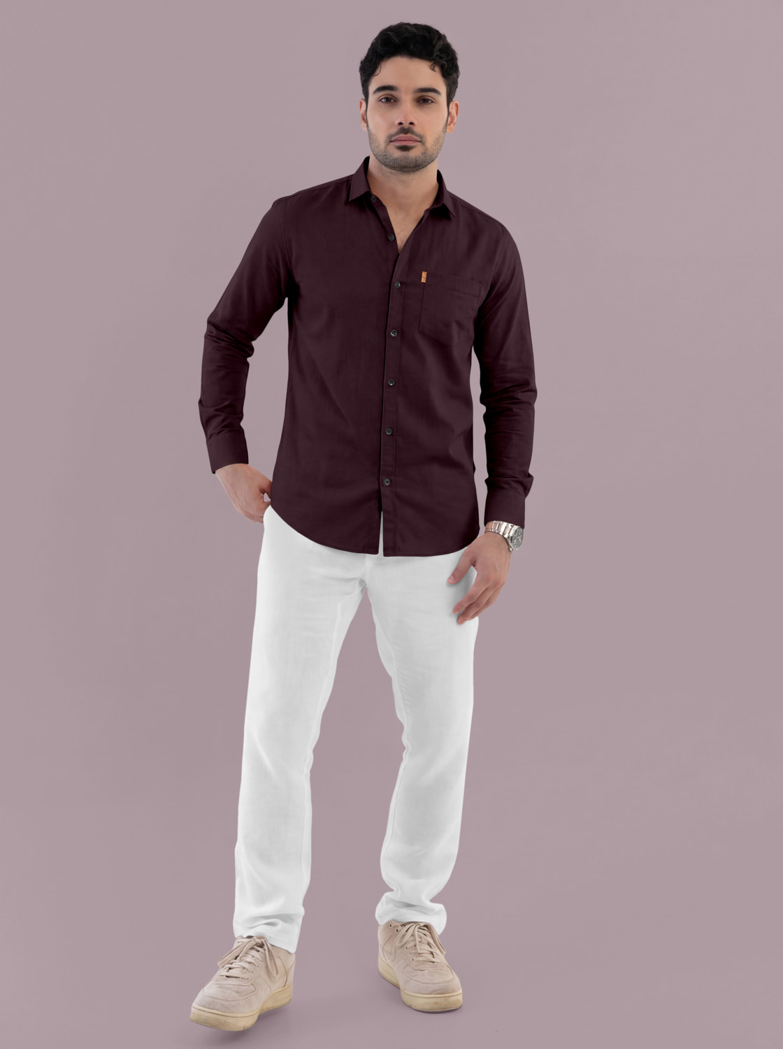 Image of SZN Men Solid Casual Maroon Shirt