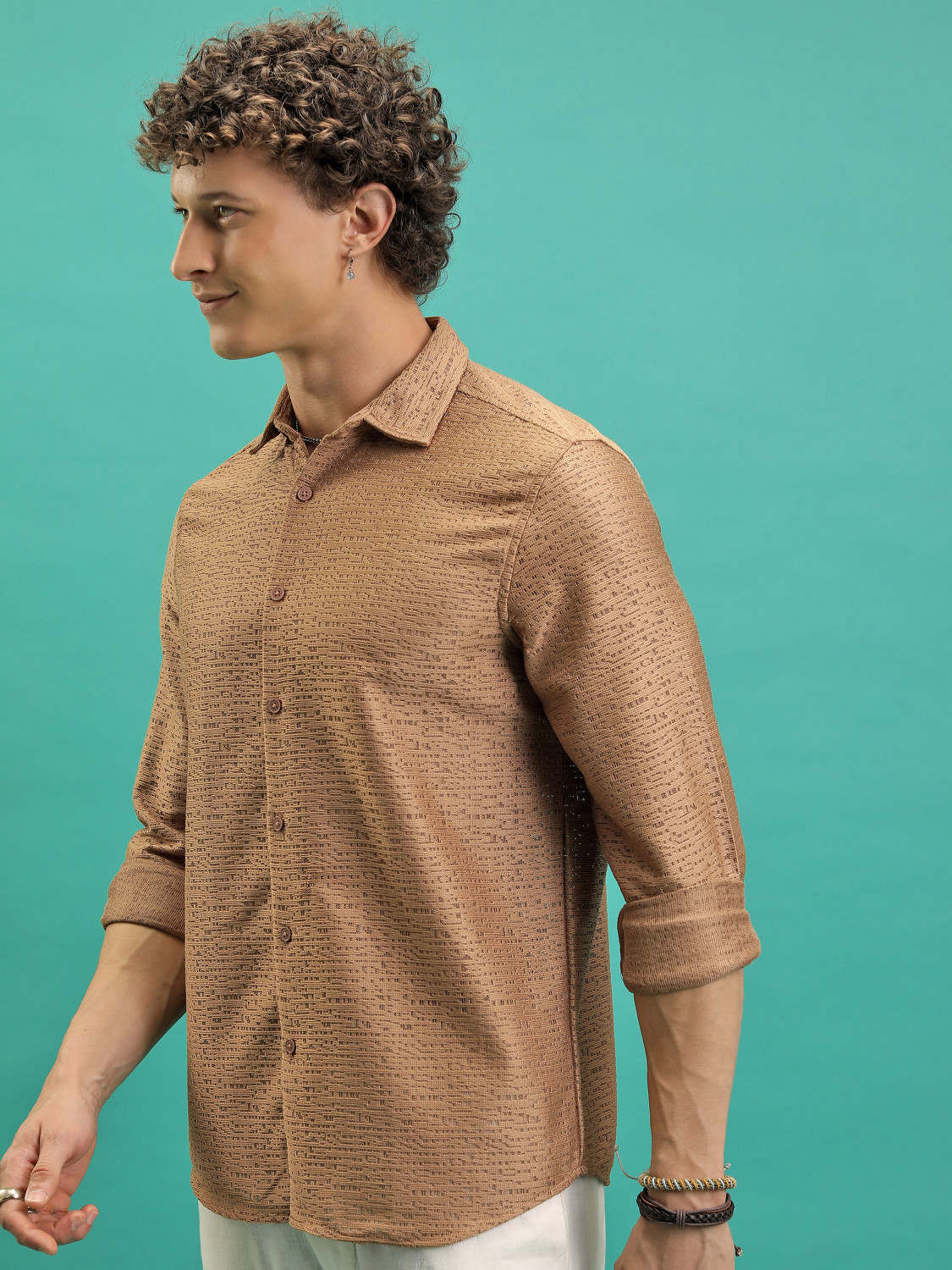 Image of HIGHLANDER Men Self Design Casual Brown Shirt