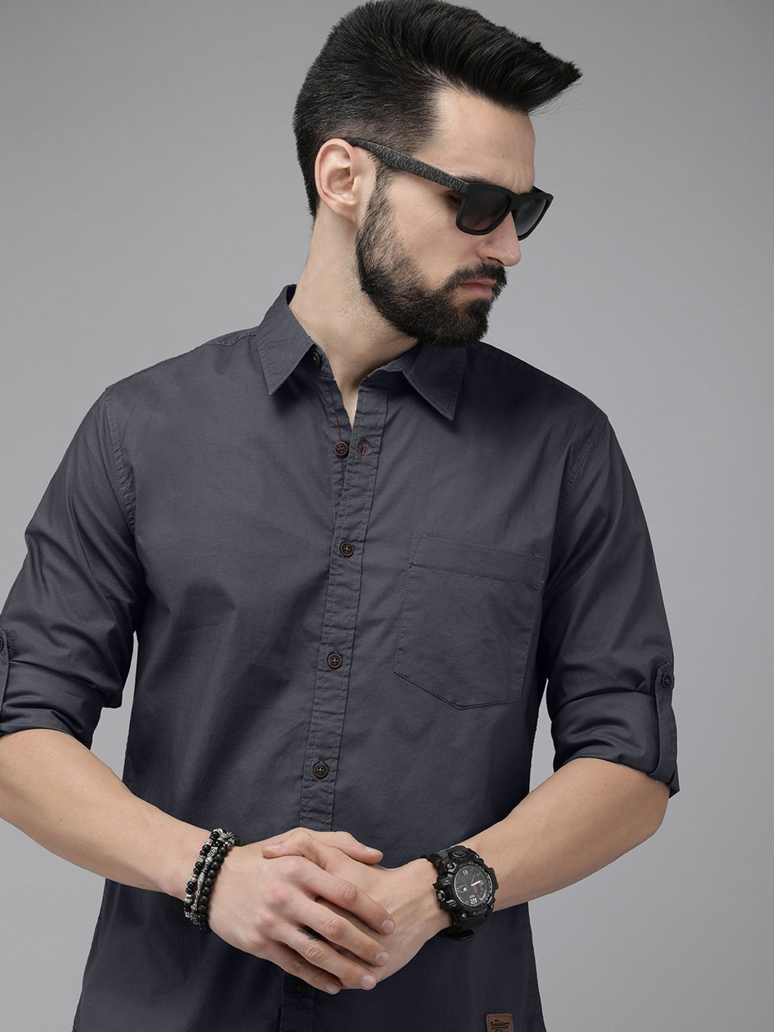 Image of Roadster Men Solid Casual Grey Shirt