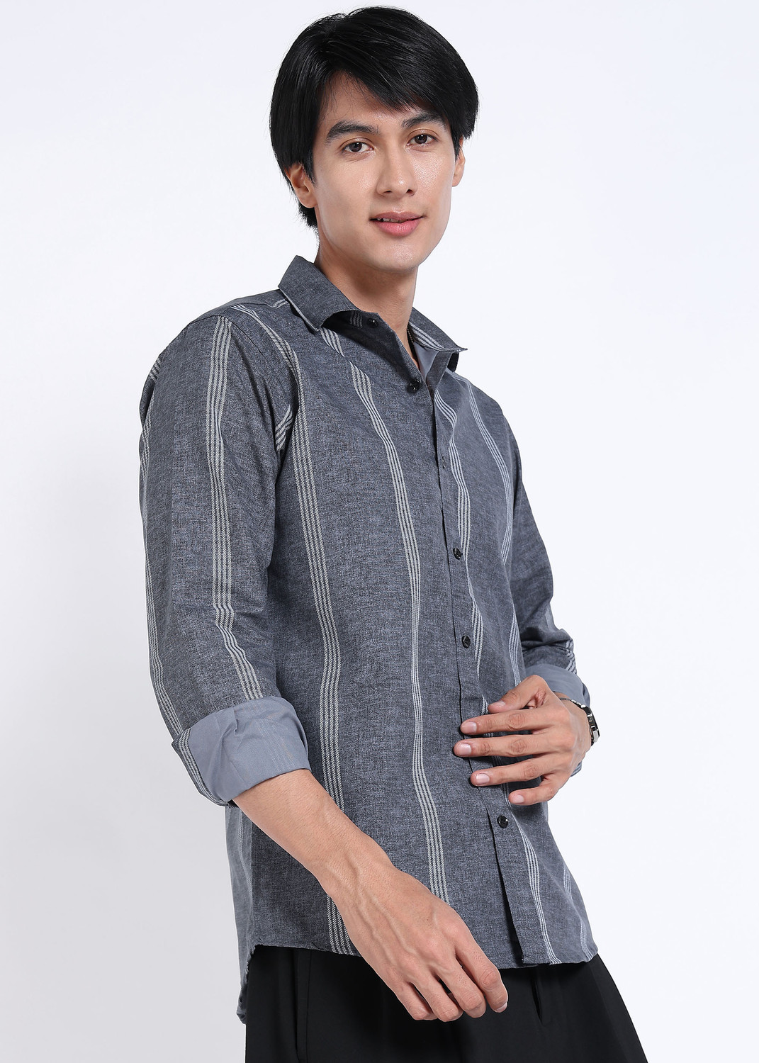 Image of RODEIZ Men Striped Casual Grey Shirt
