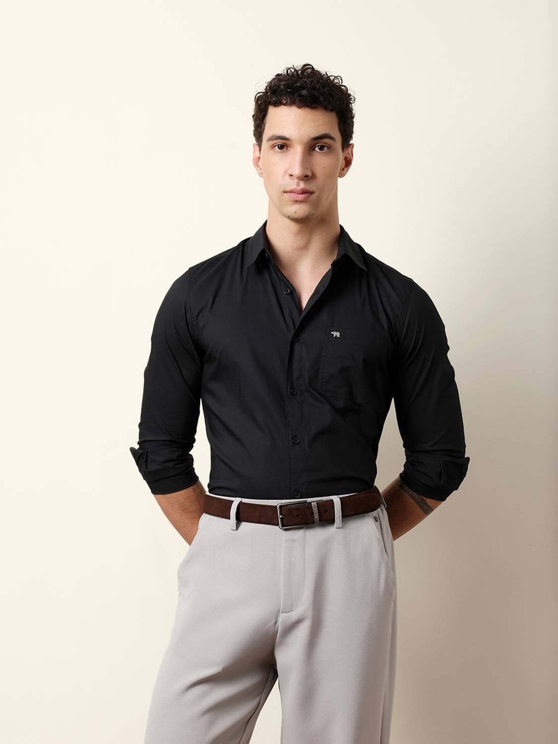 THE BEAR HOUSE Men Solid Casual Black Shirt