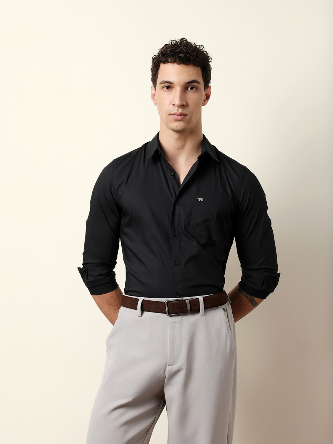 Image of THE BEAR HOUSE Men Solid Casual Black Shirt