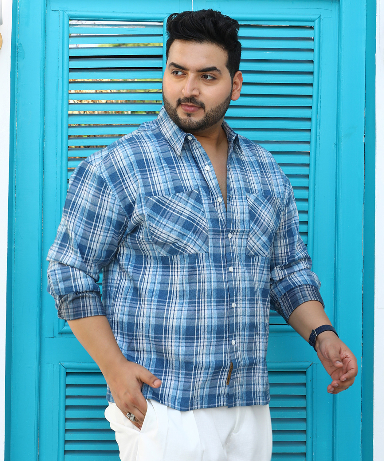 Image of Instafab Plus Men Checkered Casual Blue Shirt
