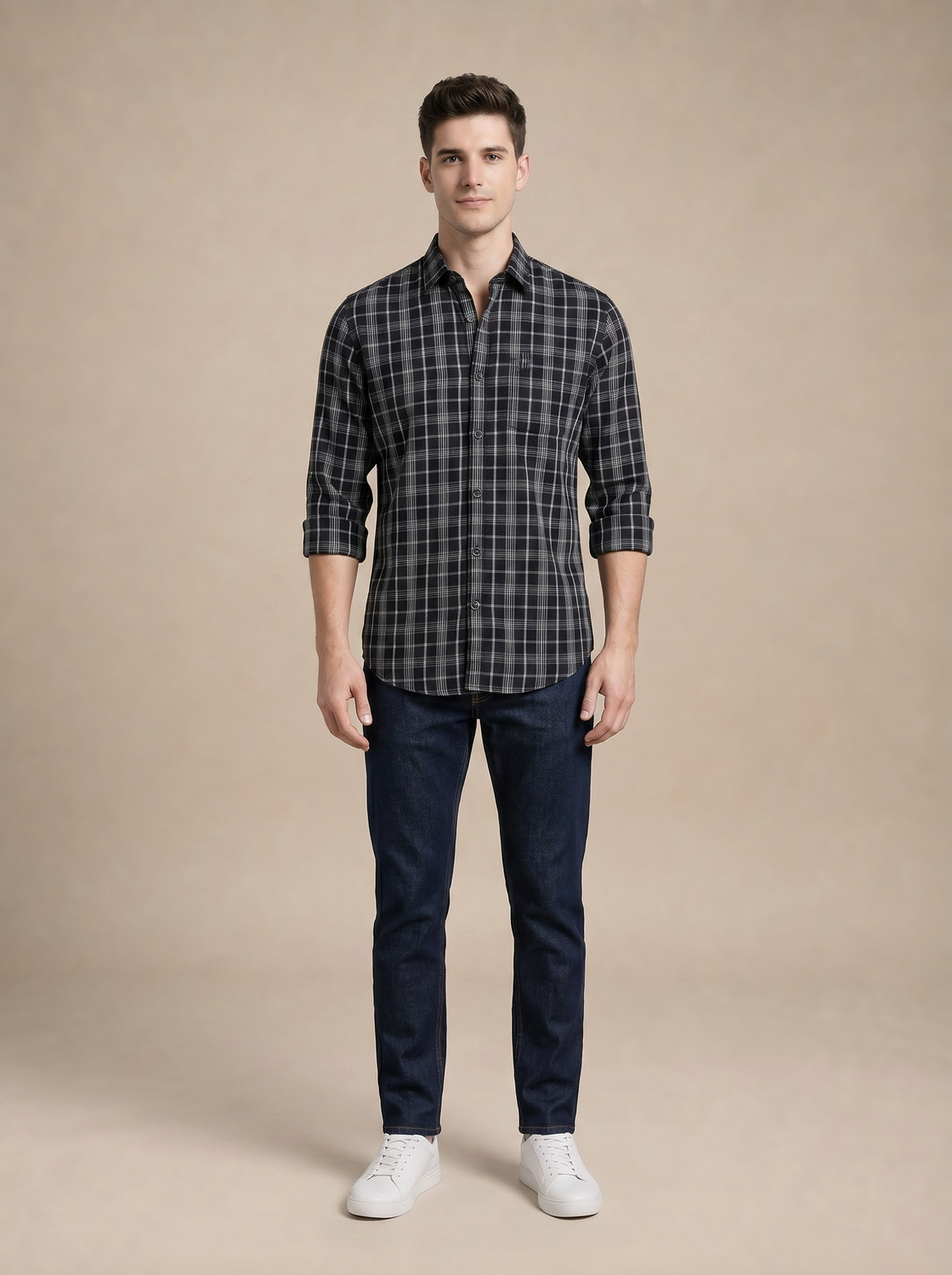 Image of TURTLE Men Checkered Casual Black, White Shirt