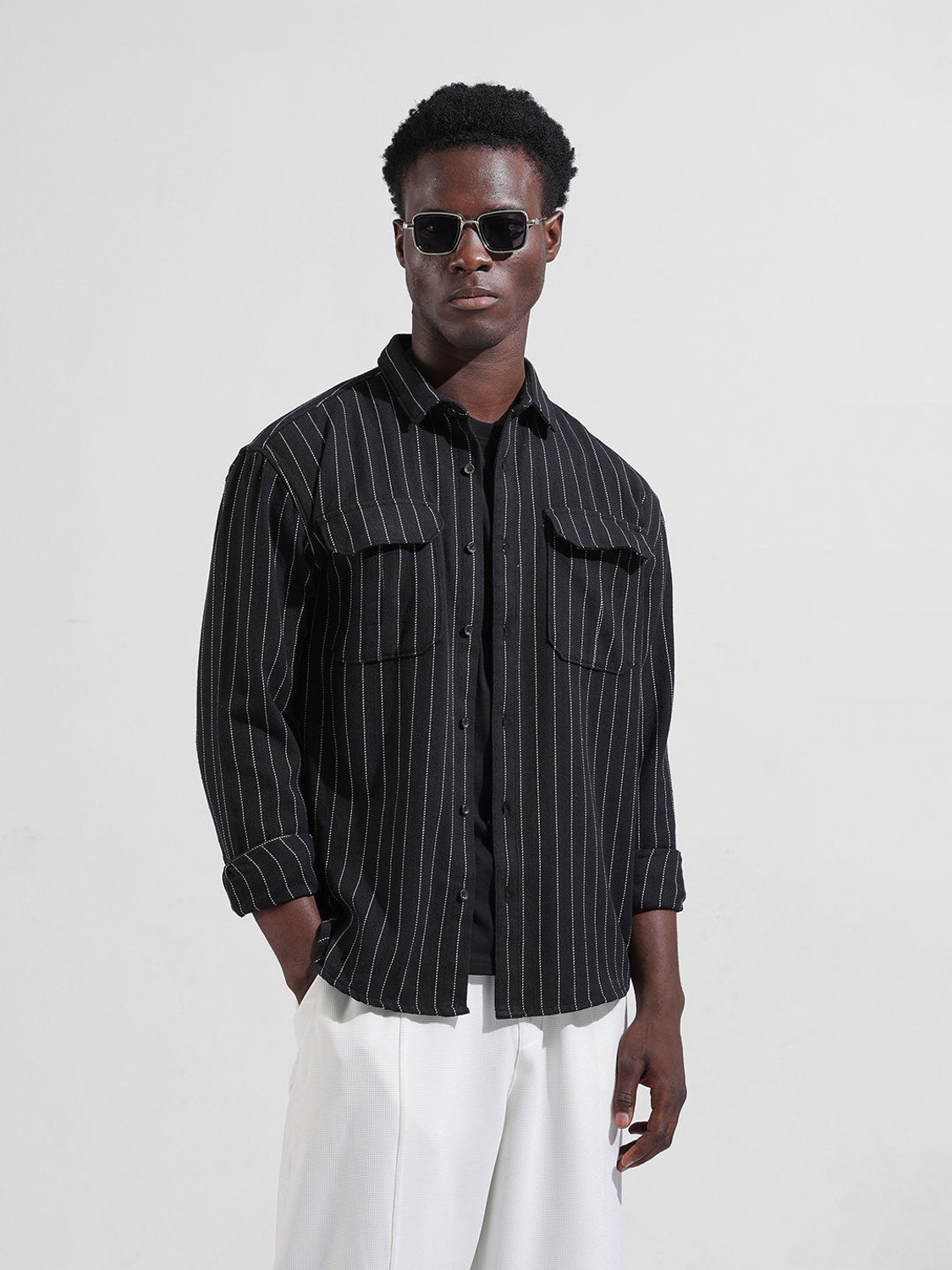 Image of The Indian Garage Co. Men Striped Casual Black Shirt