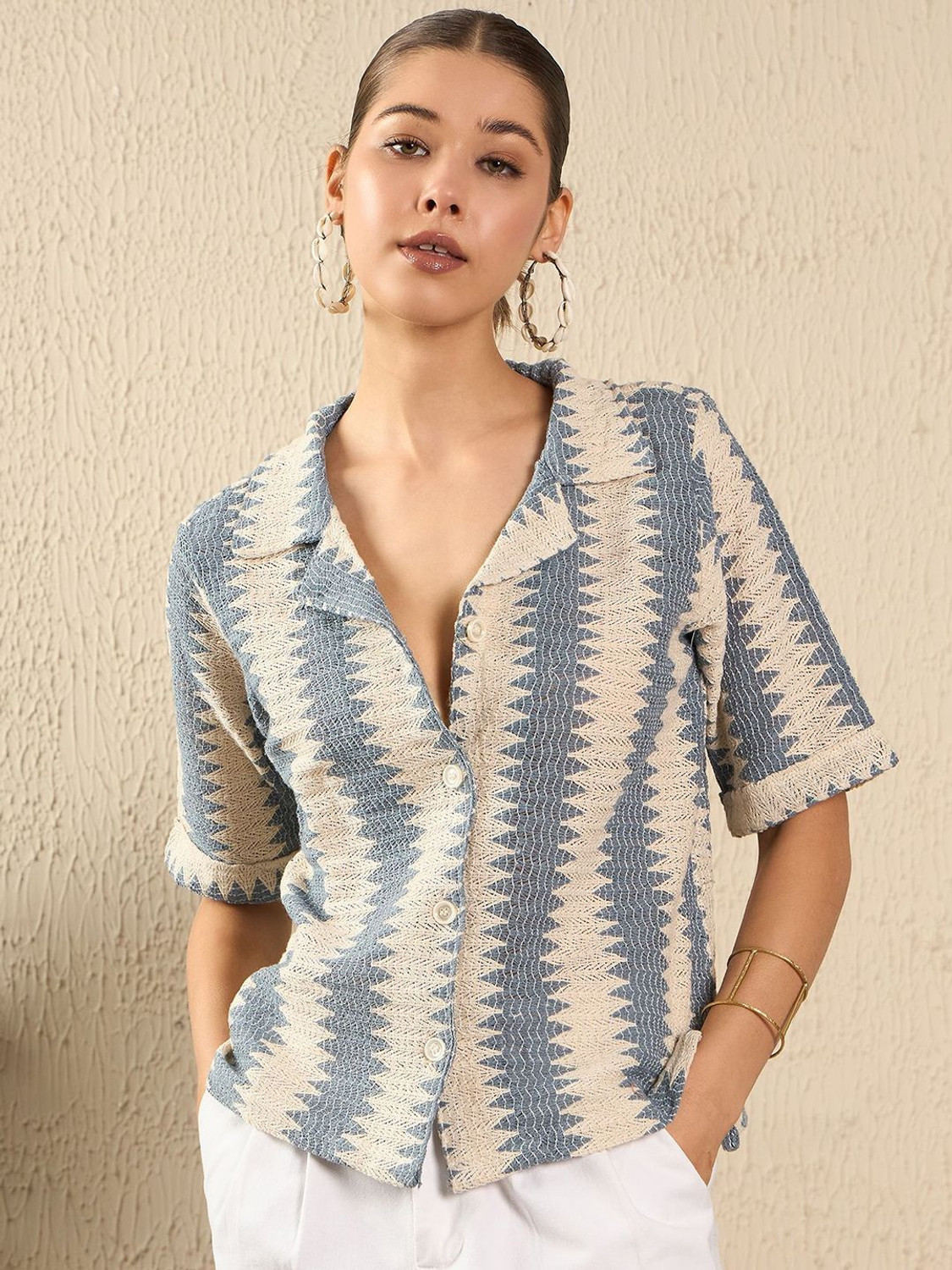 Image of Roadster Women Self Design Casual Blue Shirt