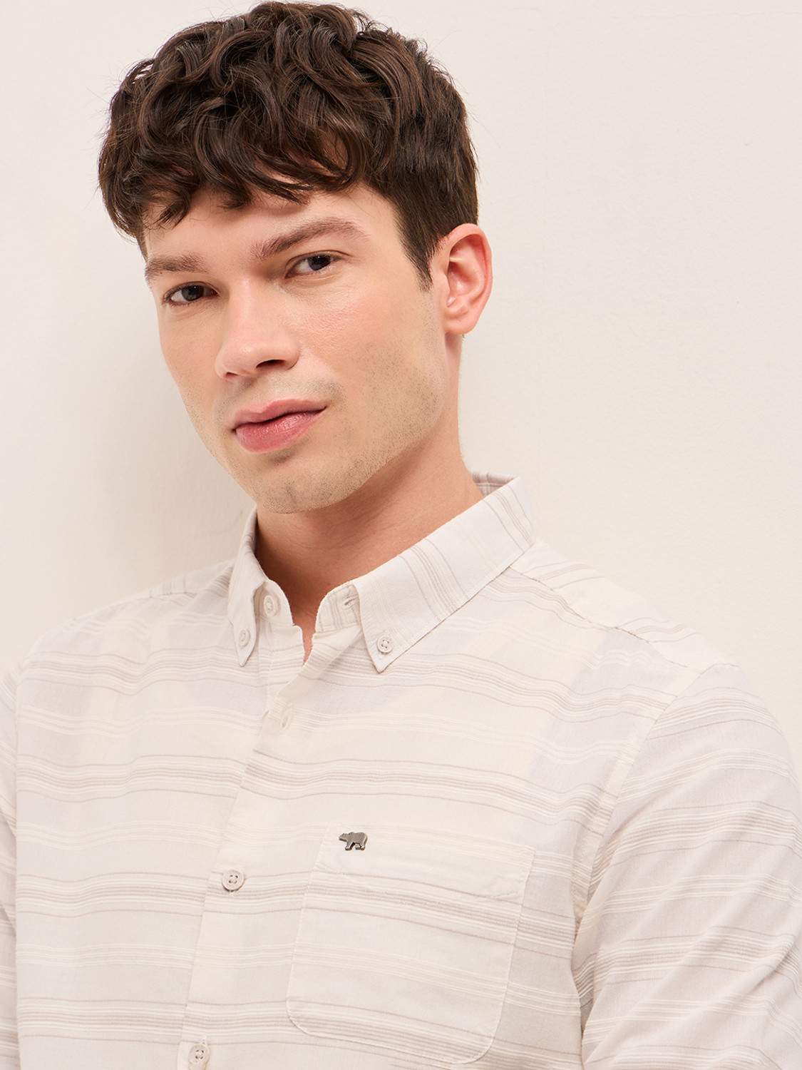 Image of THE BEAR HOUSE Men Striped Casual Beige Shirt