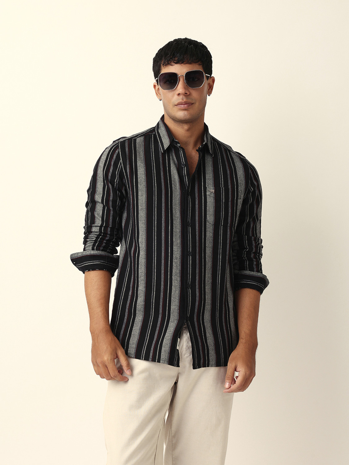 Image of THE BEAR HOUSE Men Striped Casual Black Shirt