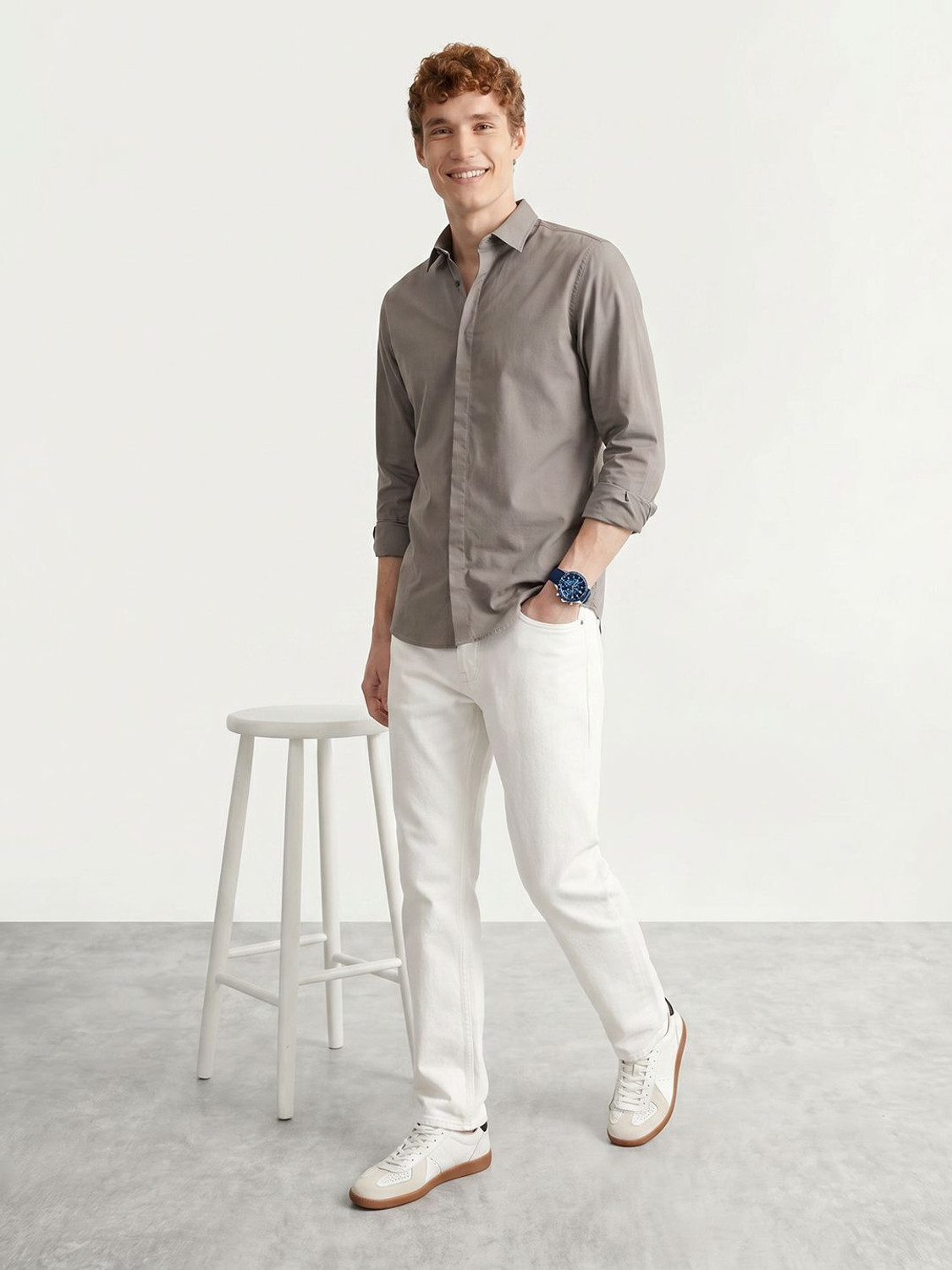 Image of Mast & Harbour Men Solid Casual Grey Shirt