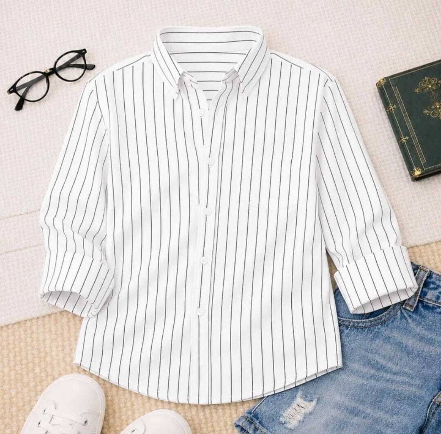 MACWEAR Boys Striped White Shirt - Image 1