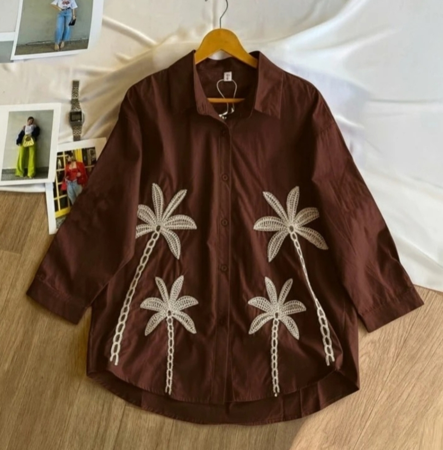 Image of weaRial Women Embroidered Casual Brown Shirt
