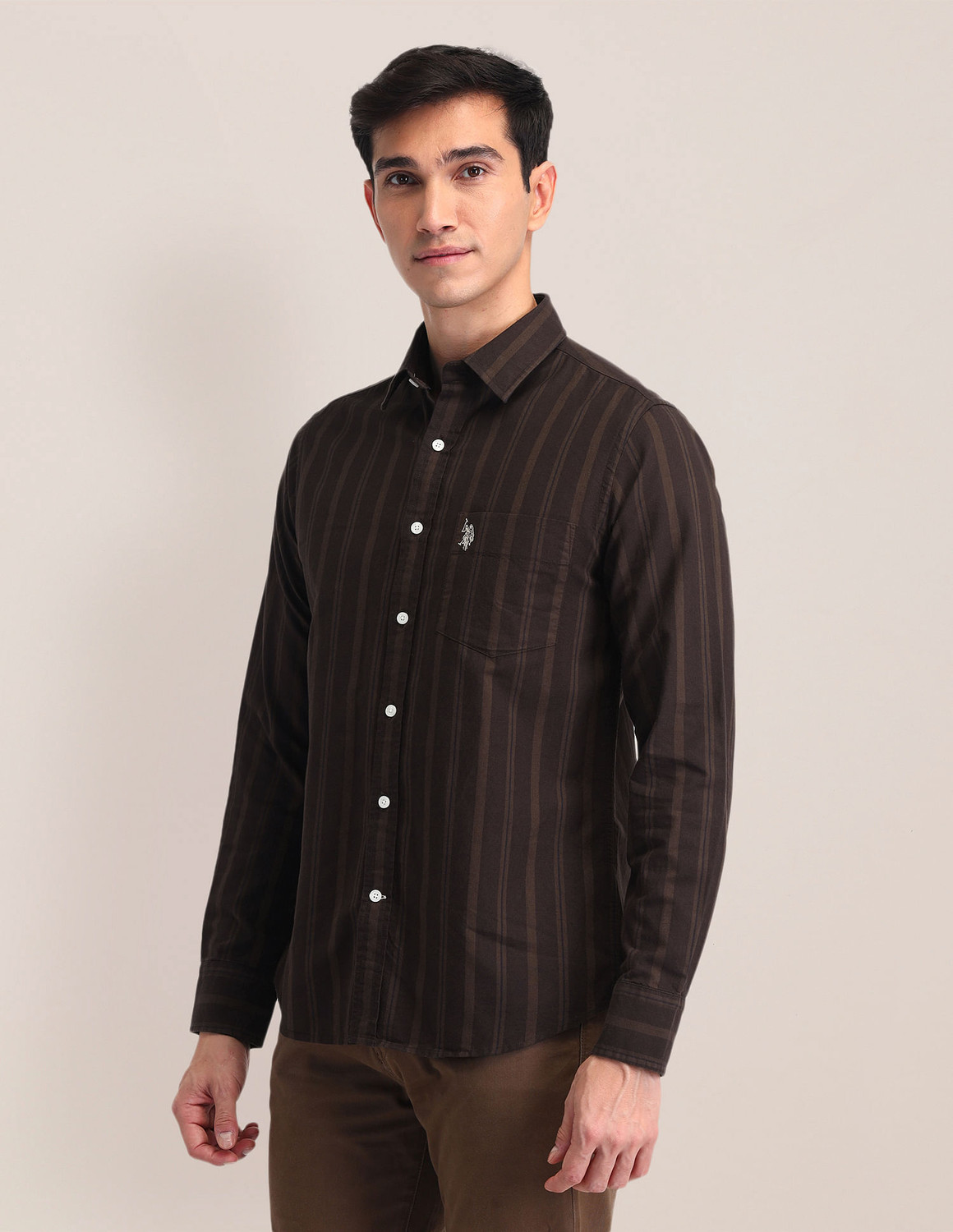 Image of U.S. POLO ASSN. Men Striped Casual Brown Shirt