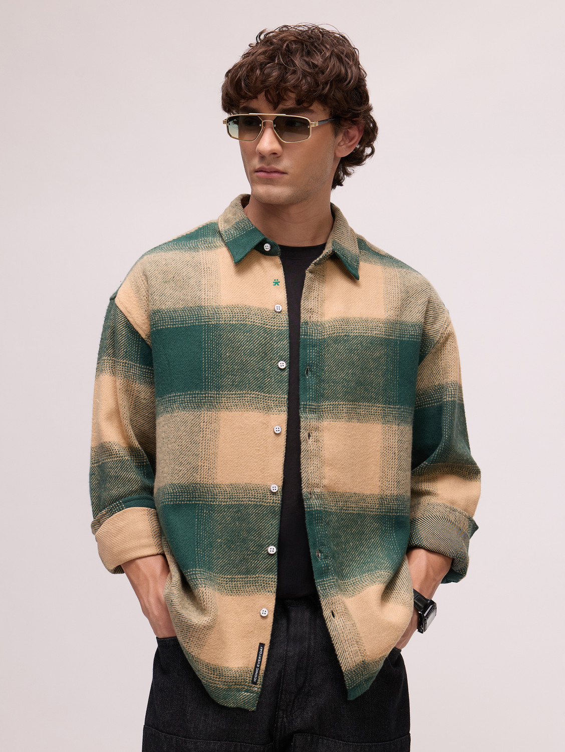 Image of CAHOOT Men Oversized Fit Checkered Spread Collar Casual Shirt