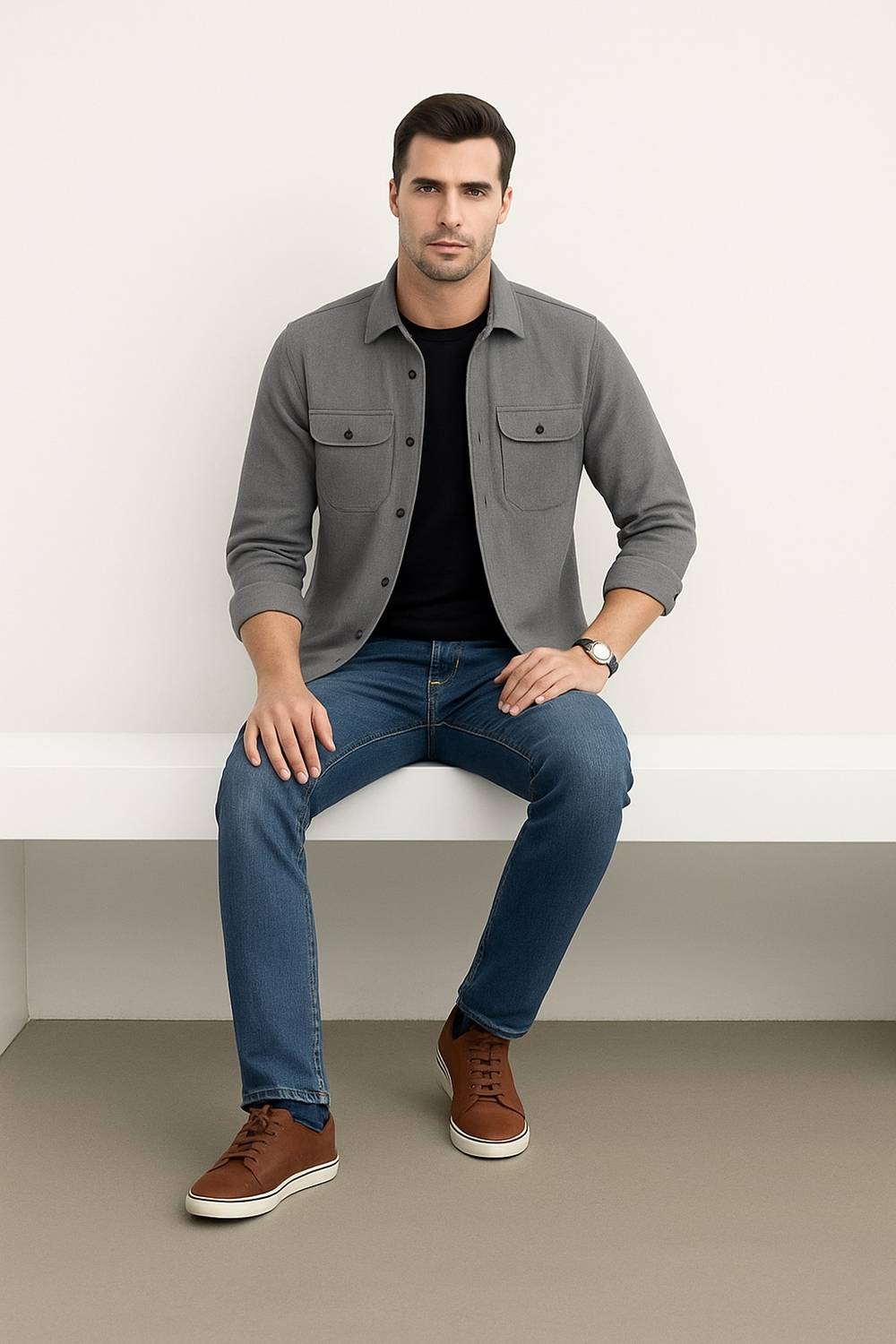 DEEMOON Men Solid Casual Grey Shirt - Image 4