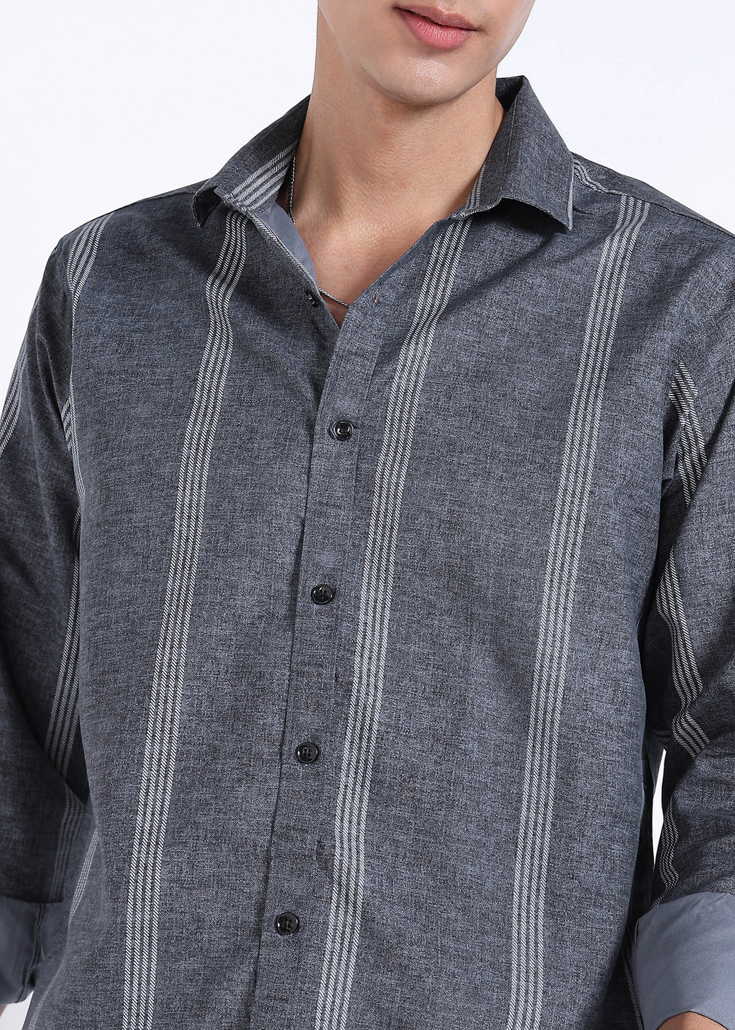 Image of RODEIZ Men Striped Casual Grey Shirt