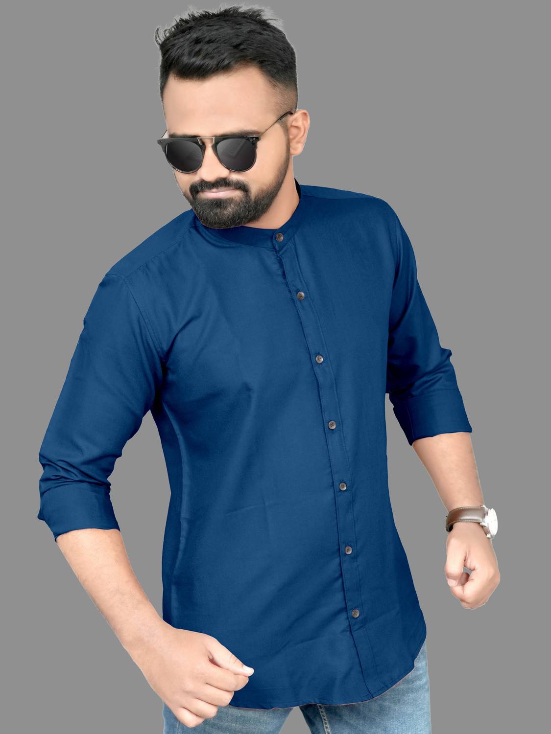 MILDIN Men Solid Casual Blue Shirt