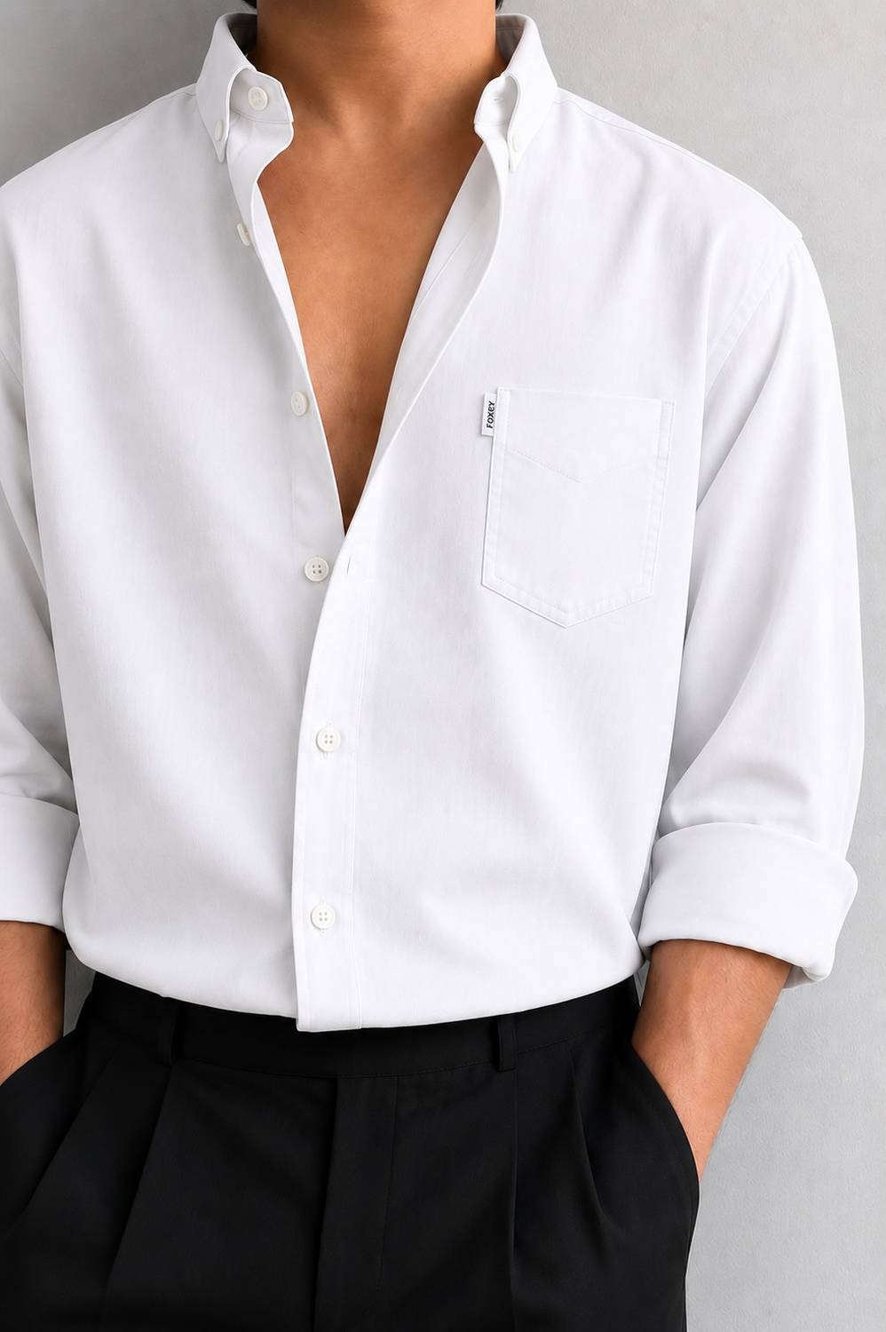 FOXEY Men Solid Casual White Shirt - Image 1