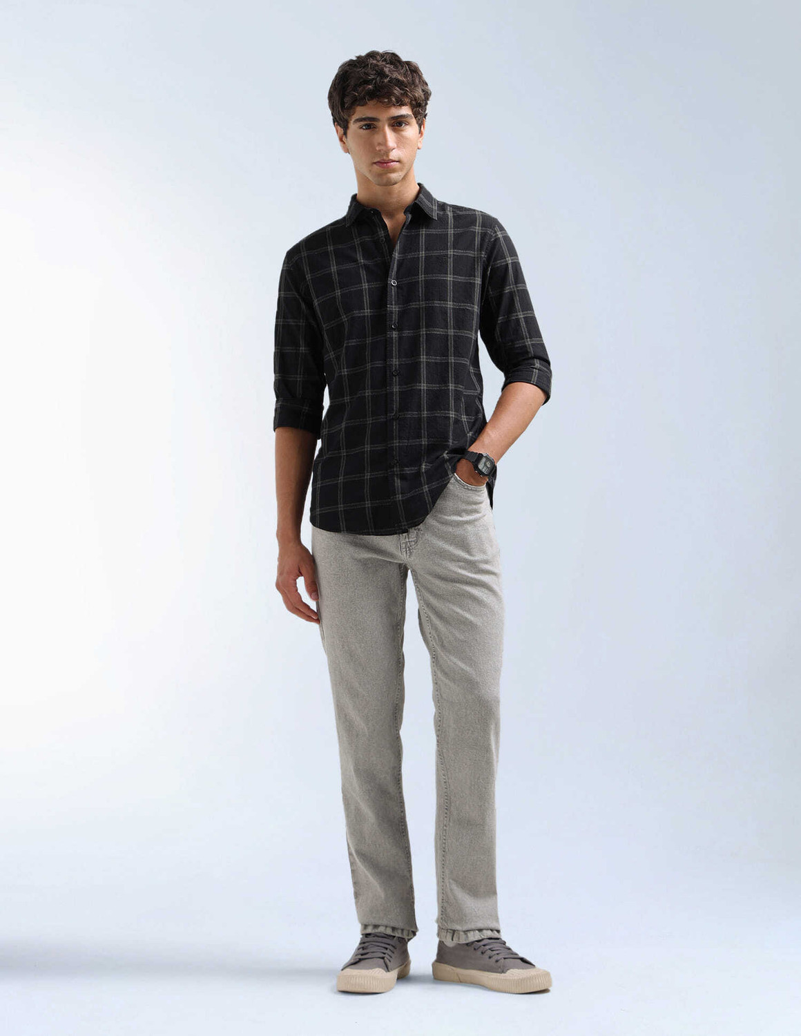 Image of FLYING MACHINE Men Checkered Casual Black Shirt