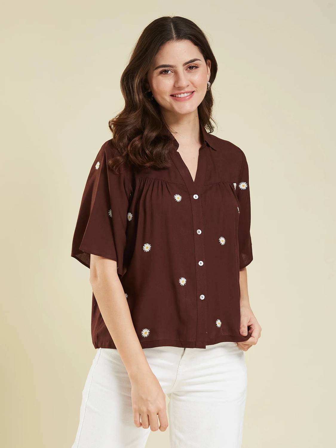 J TURRITOPSIS Casual Embroidered Women Brown Top