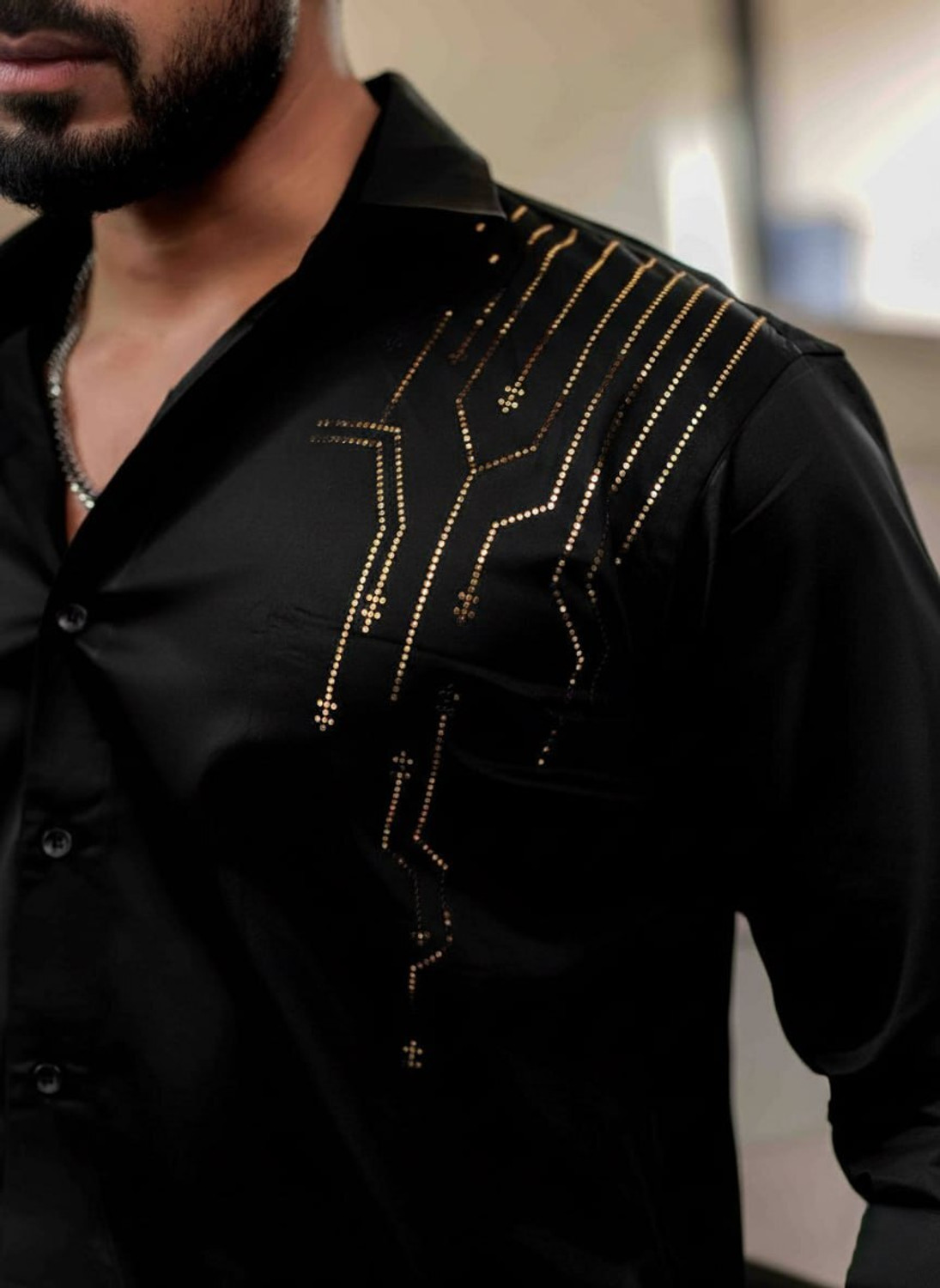 Image of YUVIRA Men Solid, Embellished Party Black Shirt
