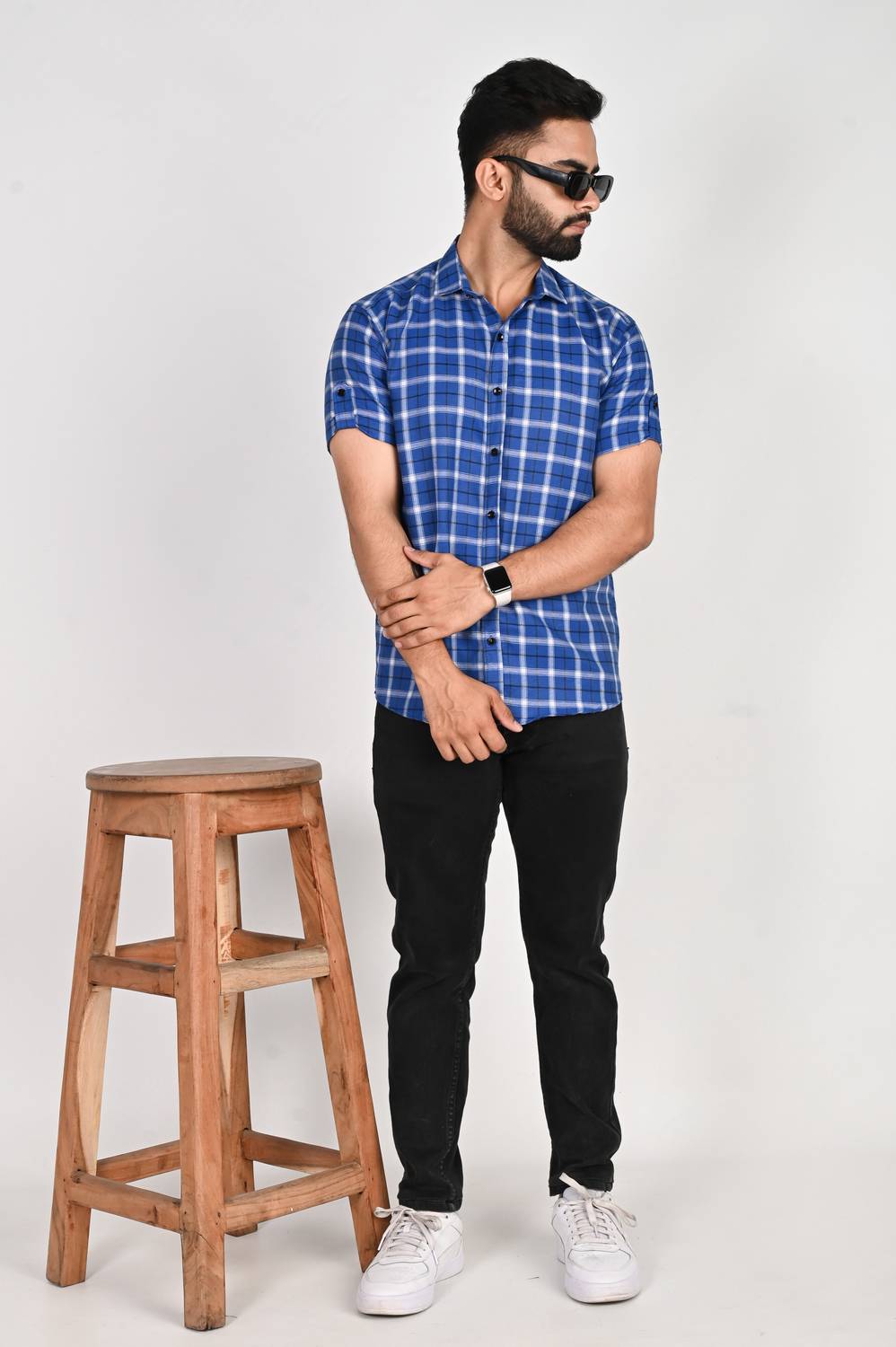 ANP BIHARIKA Men Checkered Casual Blue Shirt