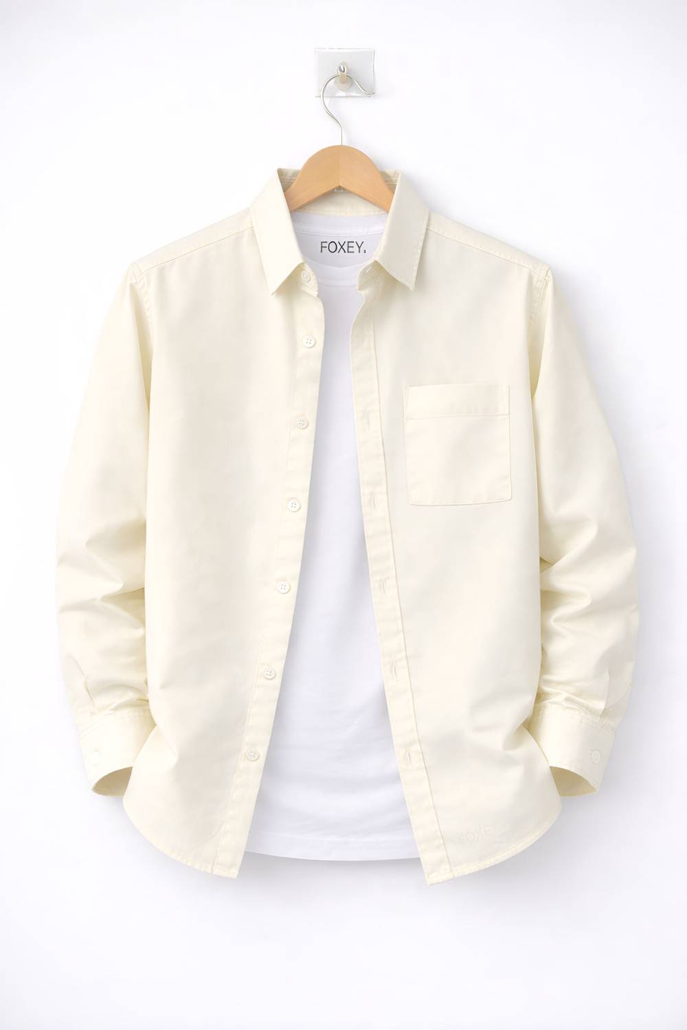 FOXEY Men Solid Casual Cream Shirt