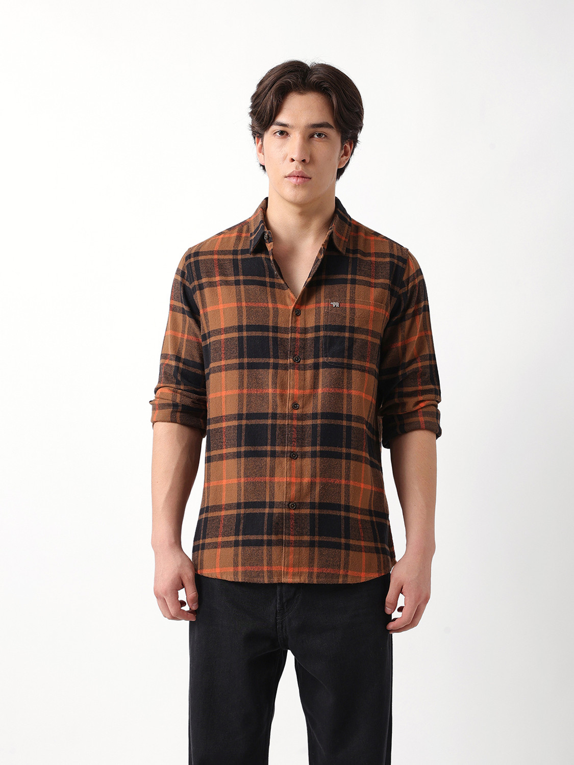 Image of THE BEAR HOUSE Men Checkered Casual Brown Shirt