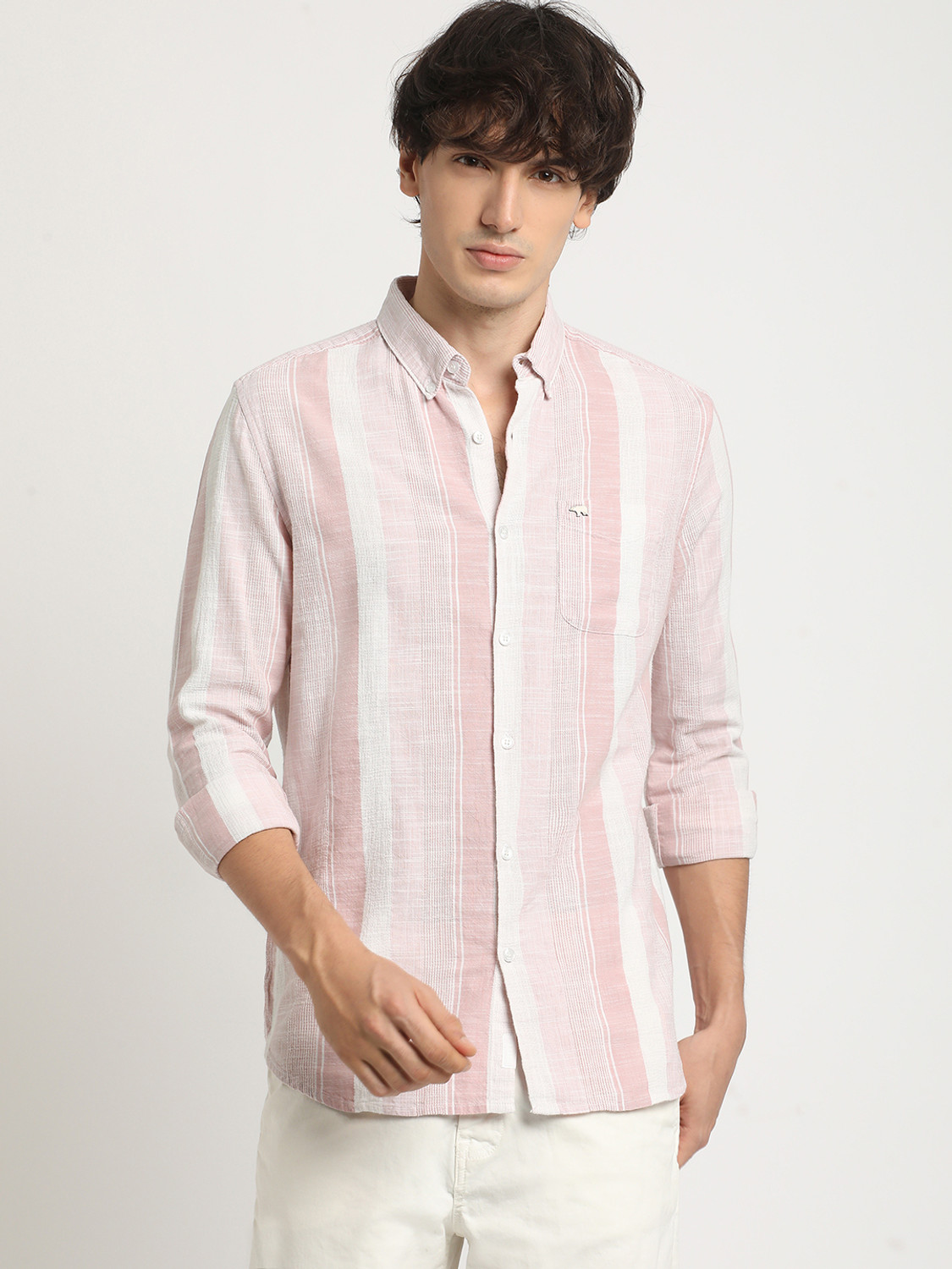 Image of THE BEAR HOUSE Men Striped Casual Pink Shirt